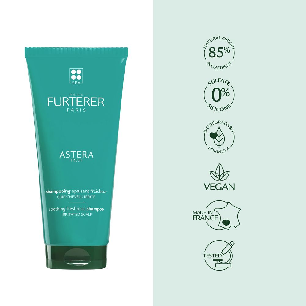 Tubo di shampoo verde. Testo: Furterer, Astera Fresh. Per cuoio capelluto irritato. 85% ingredienti naturali, vegan.