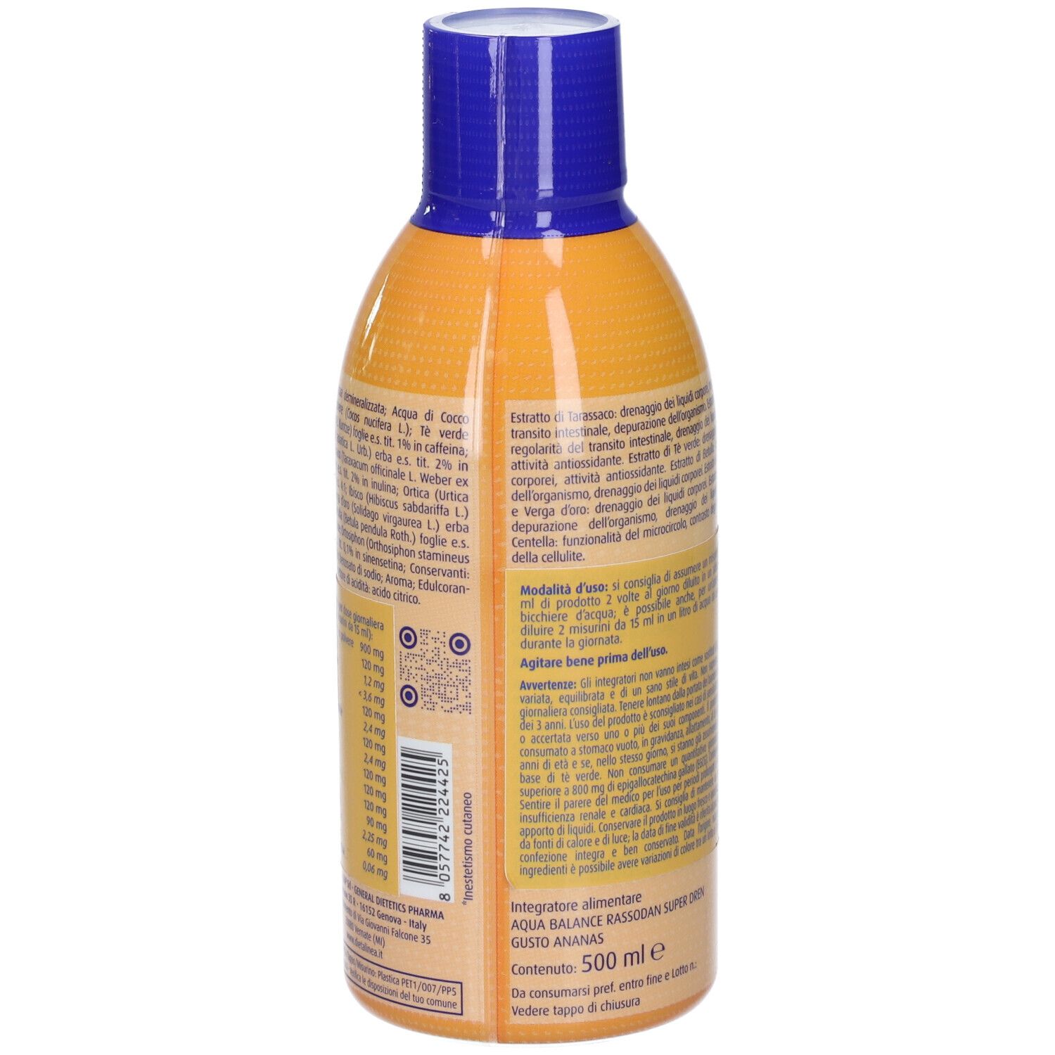 Bottiglia giallo-blu con informazioni sul prodotto. Testo in italiano. Vista posteriore.