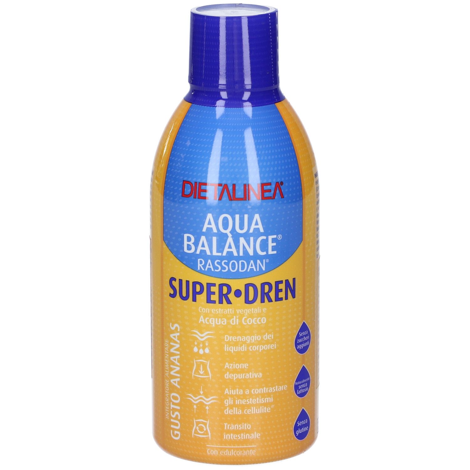 Bottiglia giallo-blu con AQUA BALANCE R SUPER DREN. Contiene acqua di cocco. Senza zucchero, senza glutine.