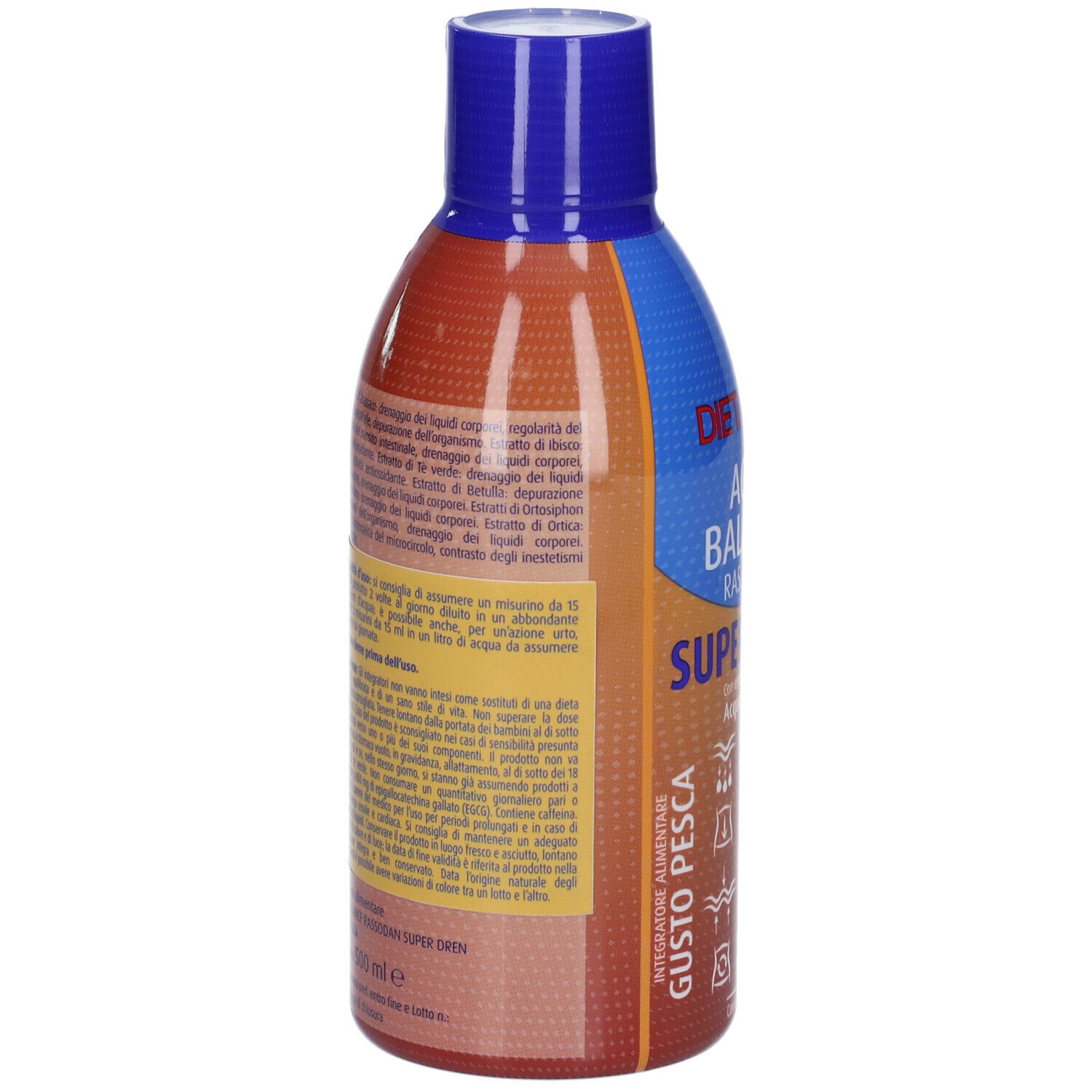 Retro della bottiglia marrone con tappo blu. Testo in italiano. Informazioni sul prodotto e ingredienti.