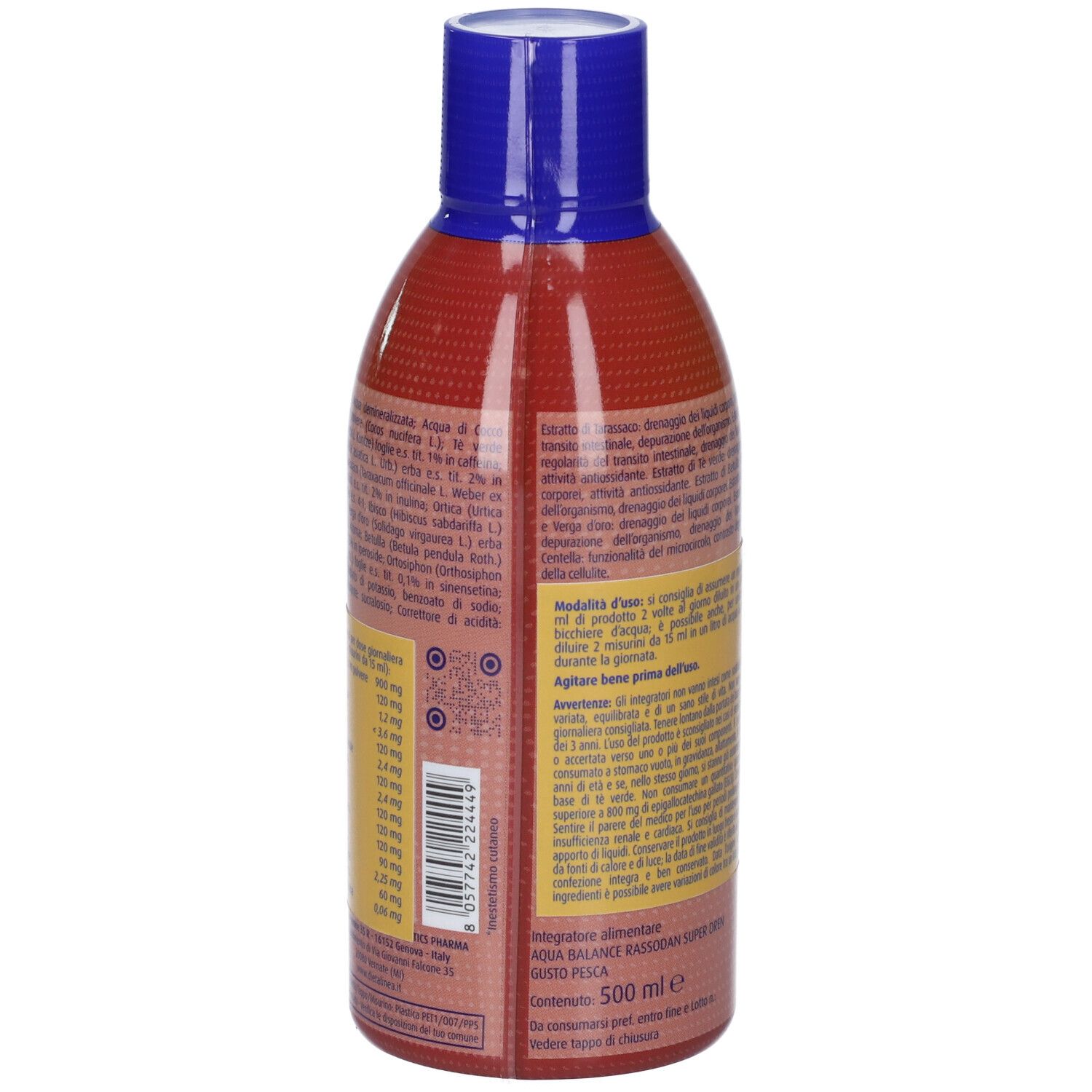 Retro della bottiglia. Testo in italiano. Ingredienti e istruzioni per l'uso. 500 ml.