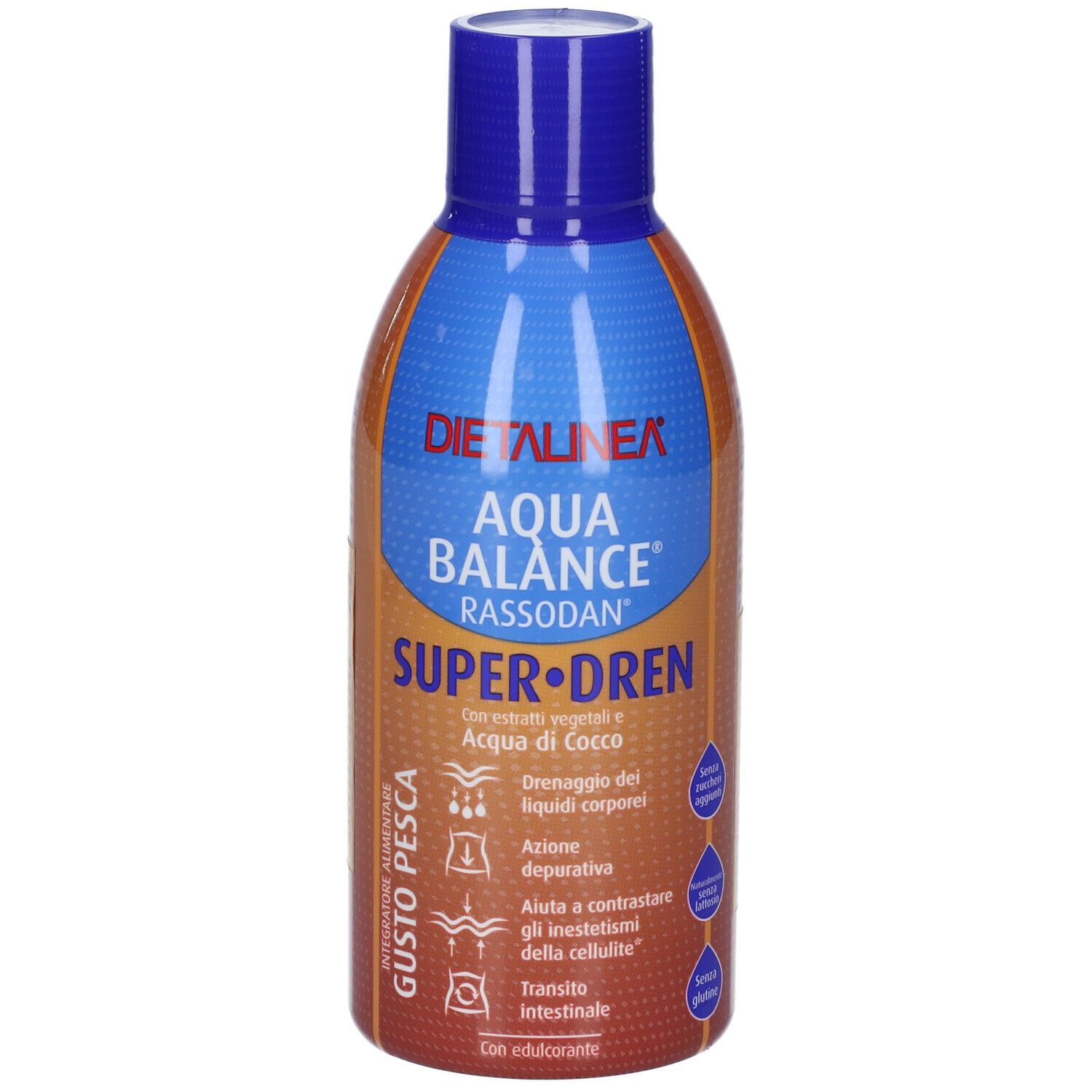 Bottiglia marrone con tappo blu. Scritta: Dietalinea Aqua Balance Rassodan Super Dren. Gusto pesca. Senza glutine.
