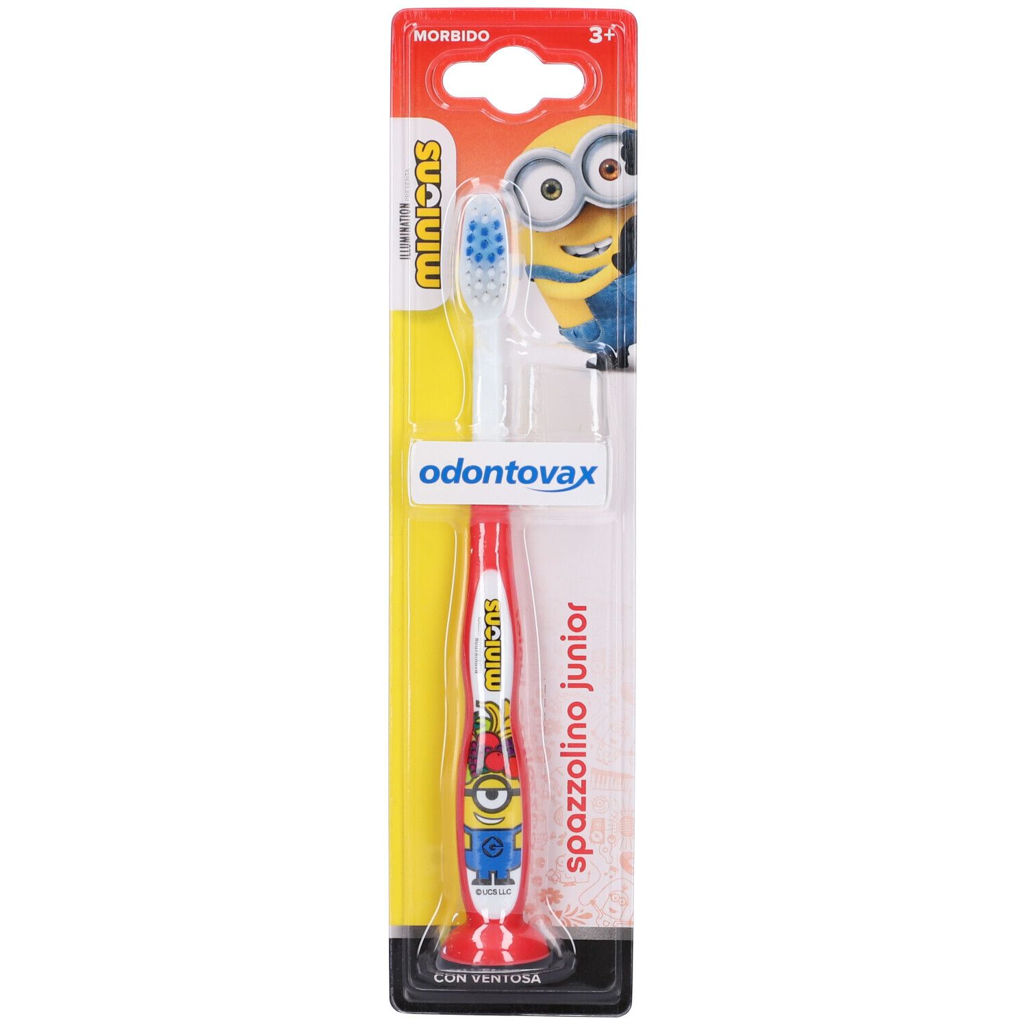 Spazzolino rosso per bambini, motivo Minions. Confezione blister. Scritta: Odontovax Spazzolino Junior.