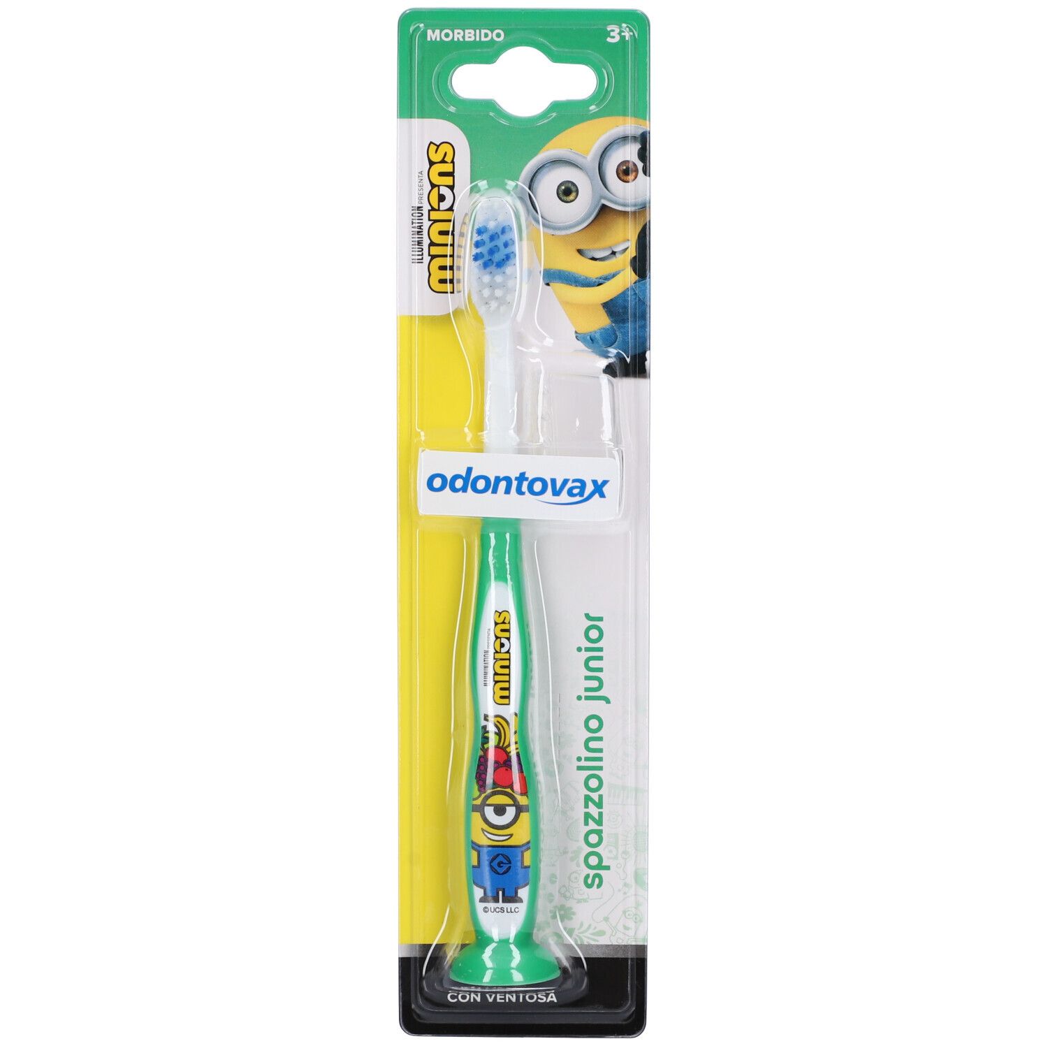 Spazzolino verde per bambini Minions in confezione. Nome e logo del prodotto visibili.