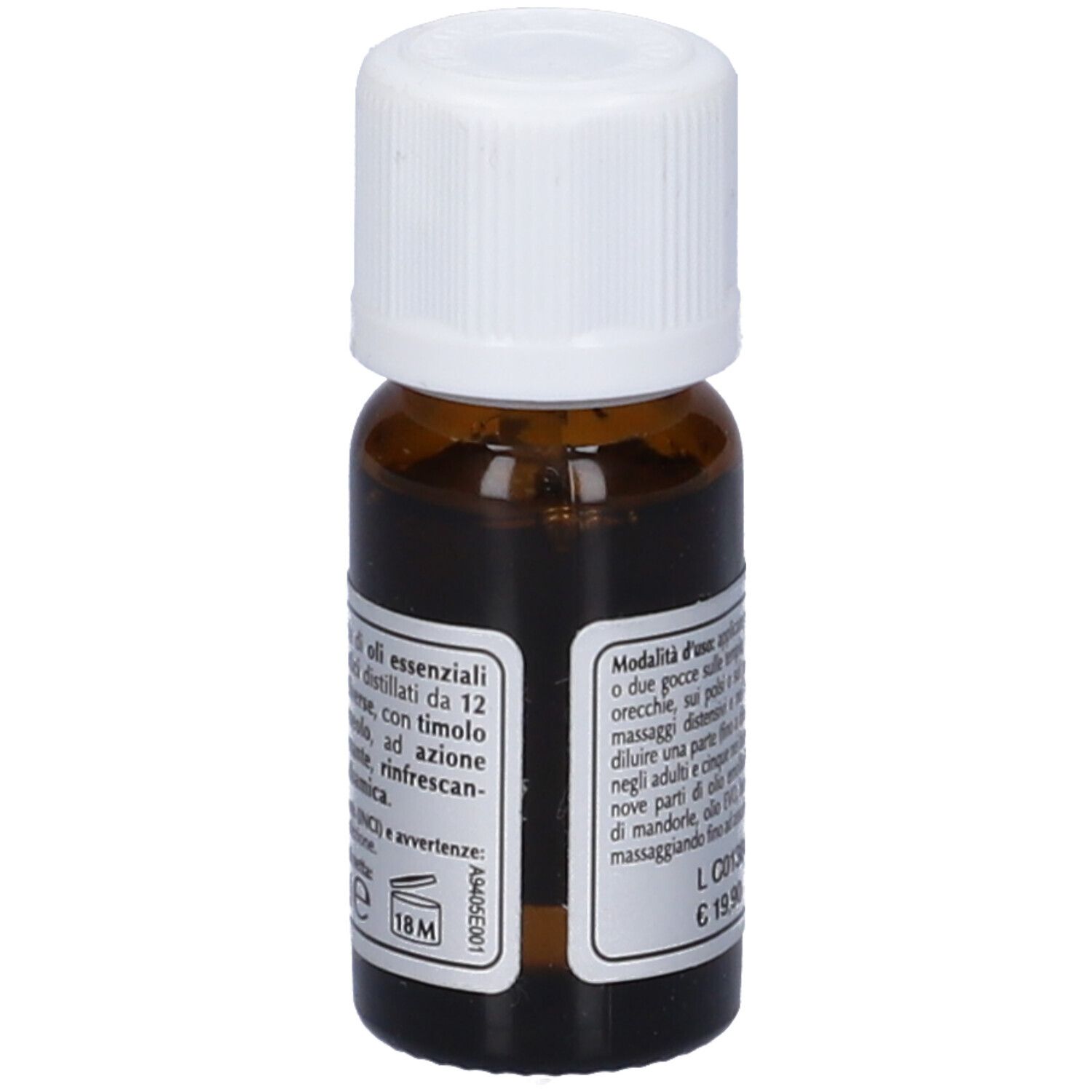 Flacone di vetro marrone con tappo bianco. Etichetta con testo: ABACUVIS, Giorgini Dr. Martino. Cosmetico naturale. Simbolo 18M.