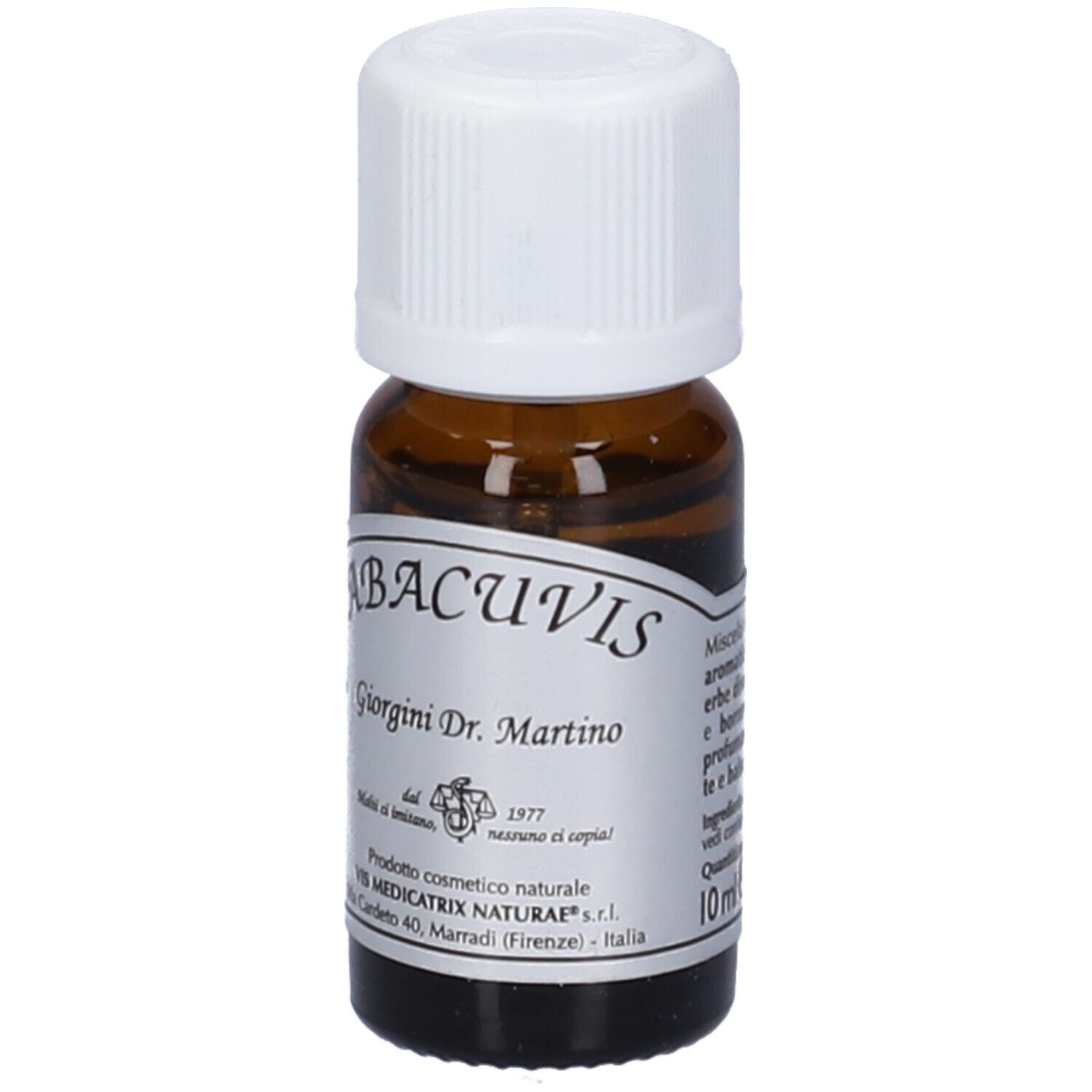 Flacone di vetro marrone con tappo bianco. Etichetta con testo: ABACUVIS, Giorgini Dr. Martino. 10 ml. Cosmetico naturale.