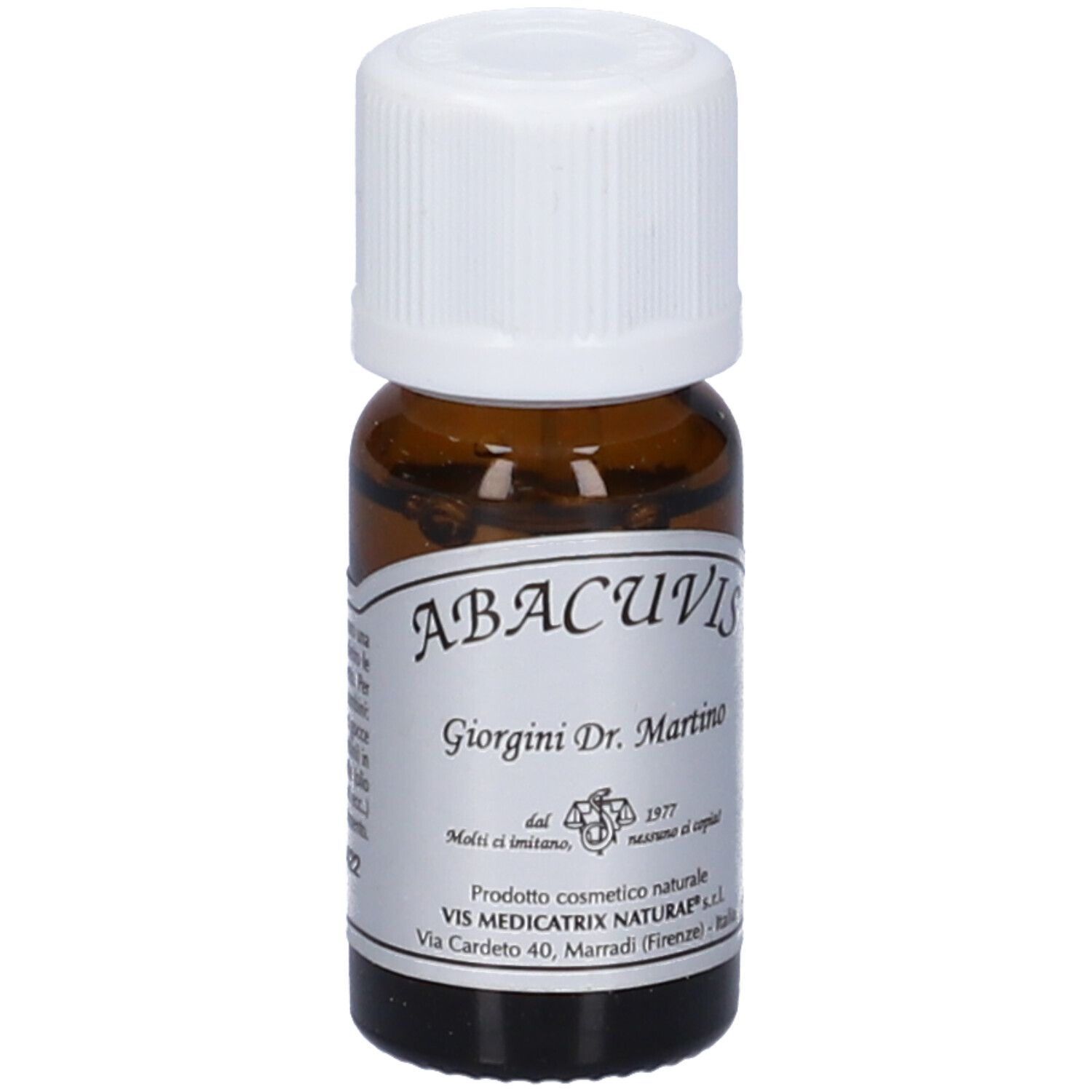 Flacone di vetro marrone con tappo bianco. Etichetta con testo: ABACUVIS, Giorgini Dr. Martino. Cosmetico naturale.