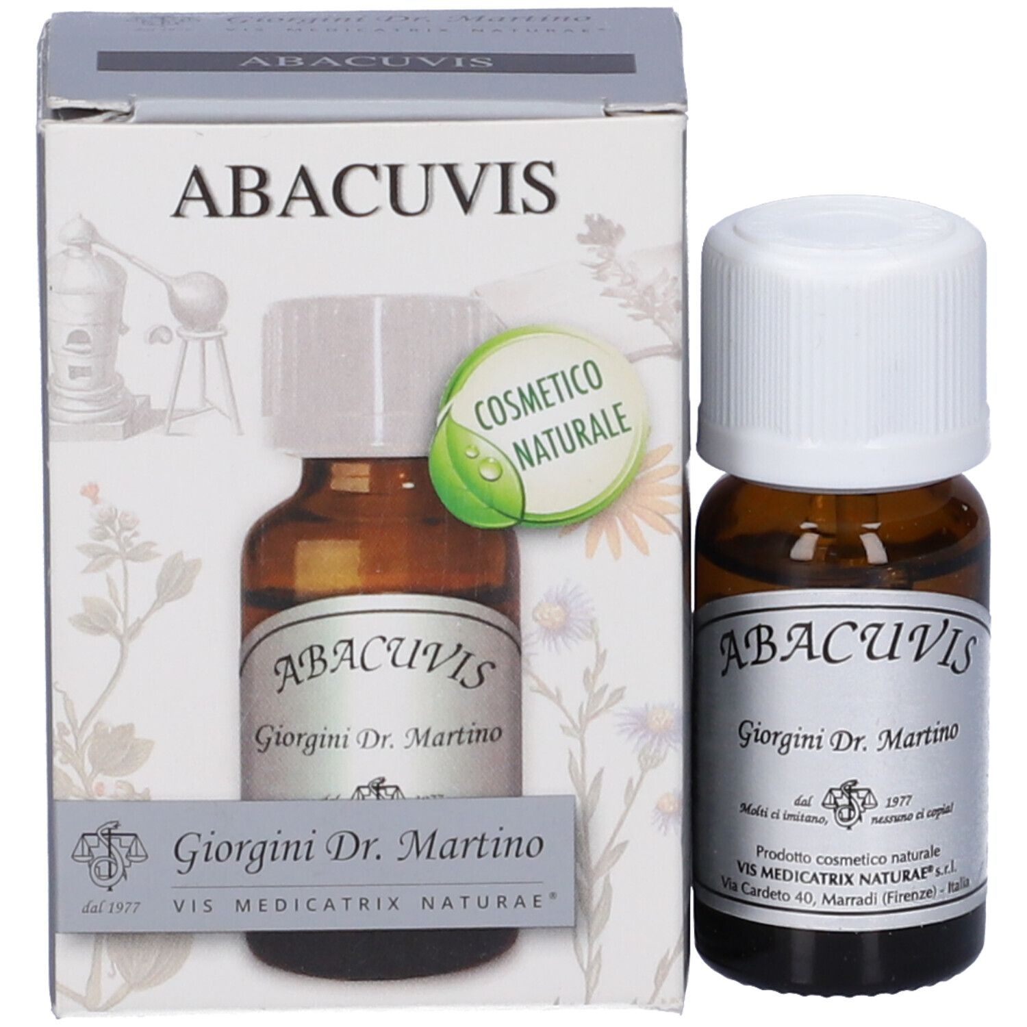 Confezione del prodotto con flacone. Flacone: vetro marrone, tappo bianco. Etichetta: ABACUVIS, Giorgini Dr. Martino. Cosmetico naturale.