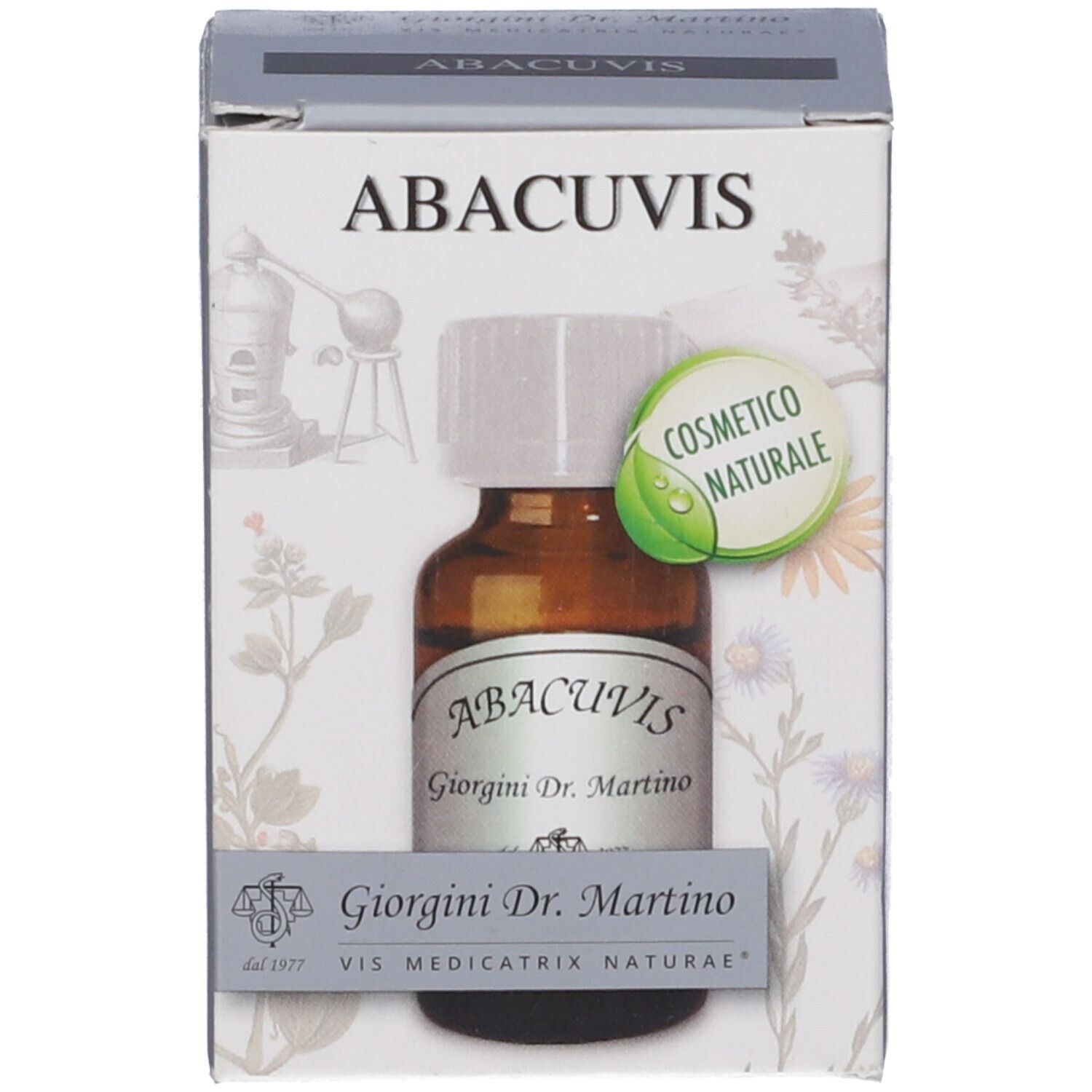 Confezione del prodotto con flacone. Flacone: vetro marrone, tappo bianco. Etichetta: ABACUVIS, Giorgini Dr. Martino. Cosmetico naturale.