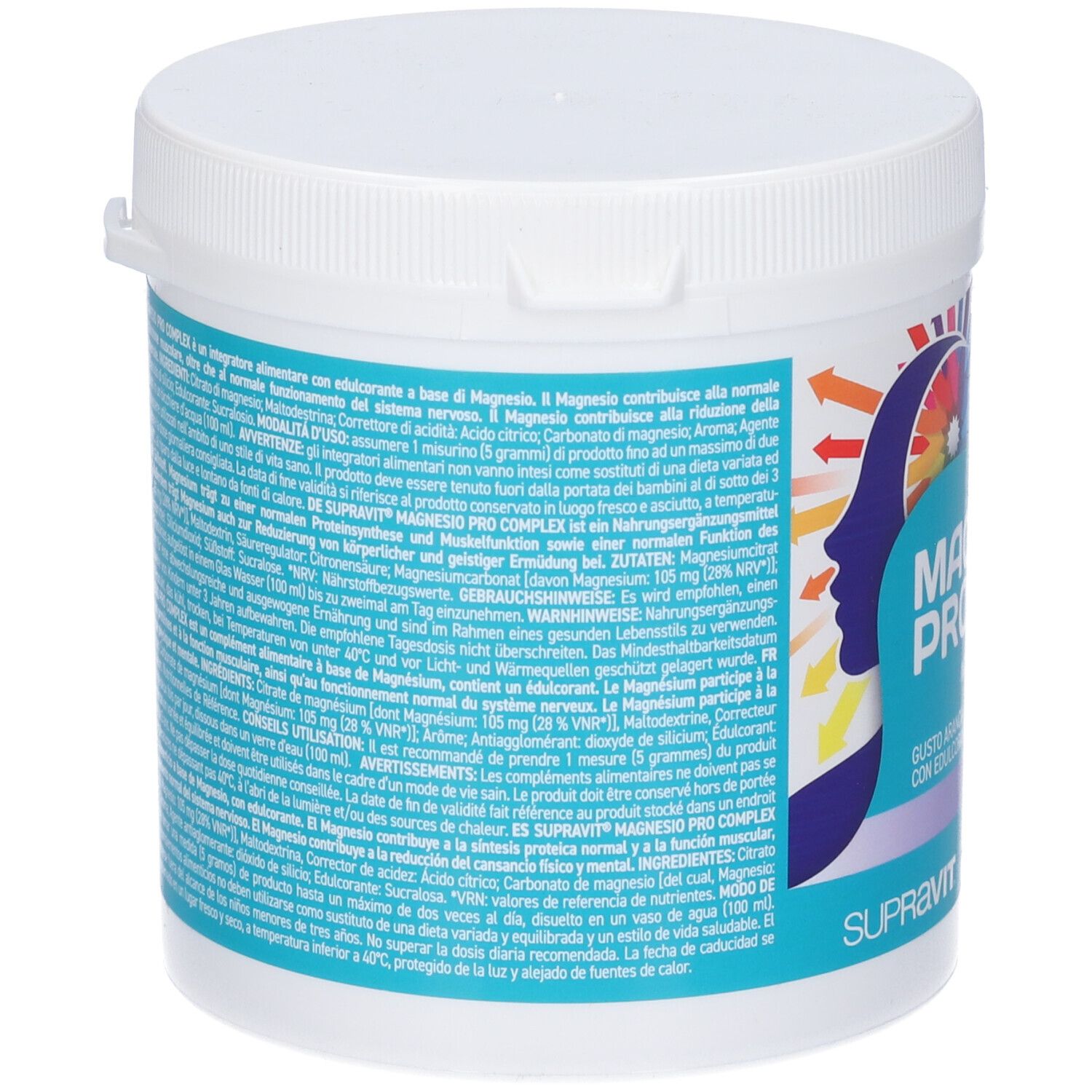 Contenitore bianco con testo. Testo in italiano. Marchio SUPRAVIT. Scritta MAGNESIO PRO COMPLEX.