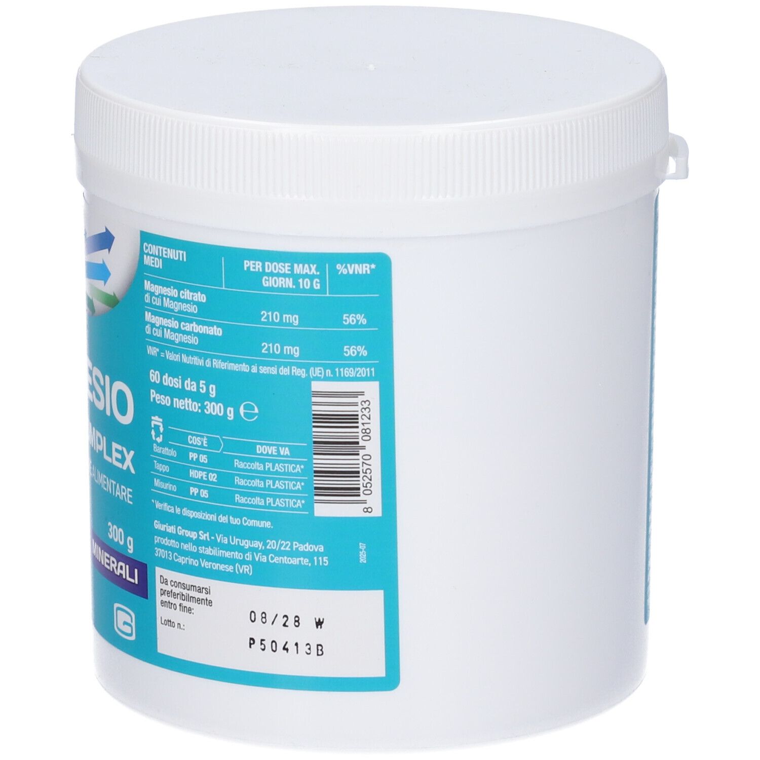 Contenitore bianco con coperchio. Scritta MAGNESIO PRO COMPLEX, gusto arancia. Marchio SUPRAVIT. 300g.