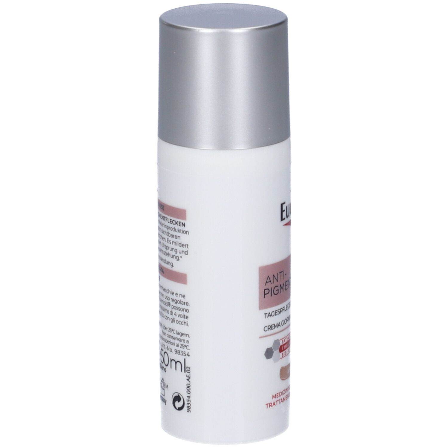 Eucerin Anti-Pigment Crema Giorno Colorata, Medium. Retro del flacone con testo. Tappo argentato.