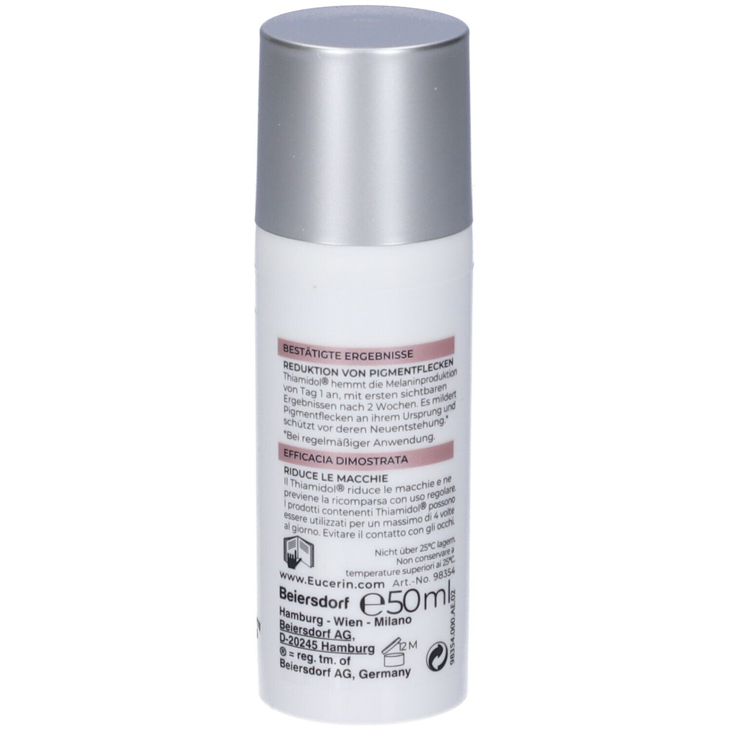Eucerin Anti-Pigment Crema Giorno Colorata, Medium. Retro del flacone con testo. Tappo argentato.