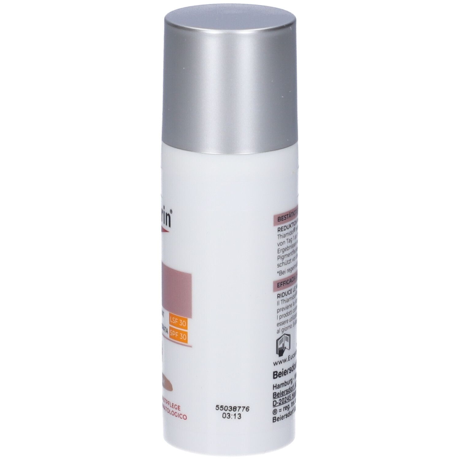 Eucerin Anti-Pigment Crema Giorno Colorata, Medium. Retro del flacone con testo. Tappo argentato.