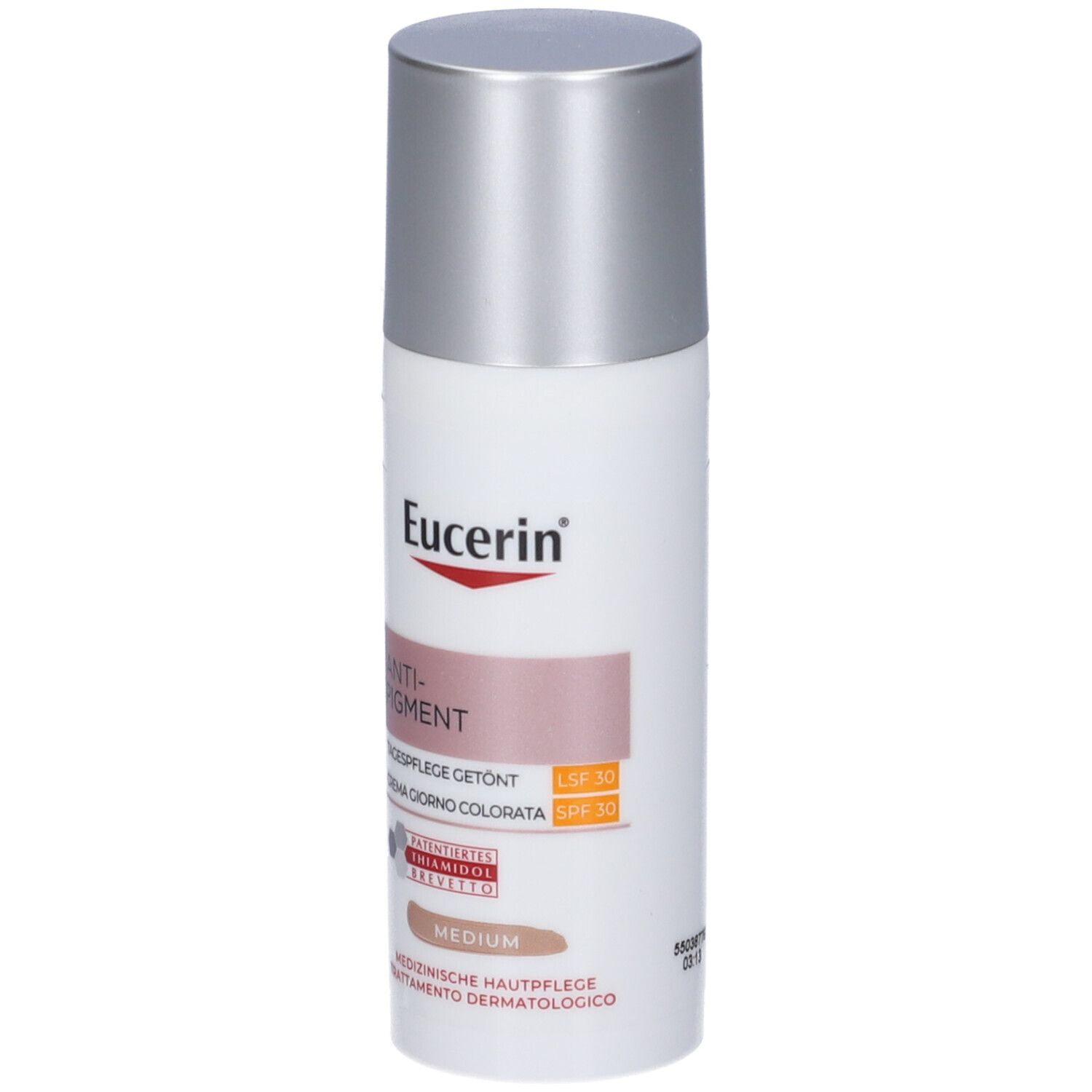 Eucerin Anti-Pigment Crema Giorno Colorata, Medium. Flacone bianco con tappo argentato. Etichetta con testo e logo.
