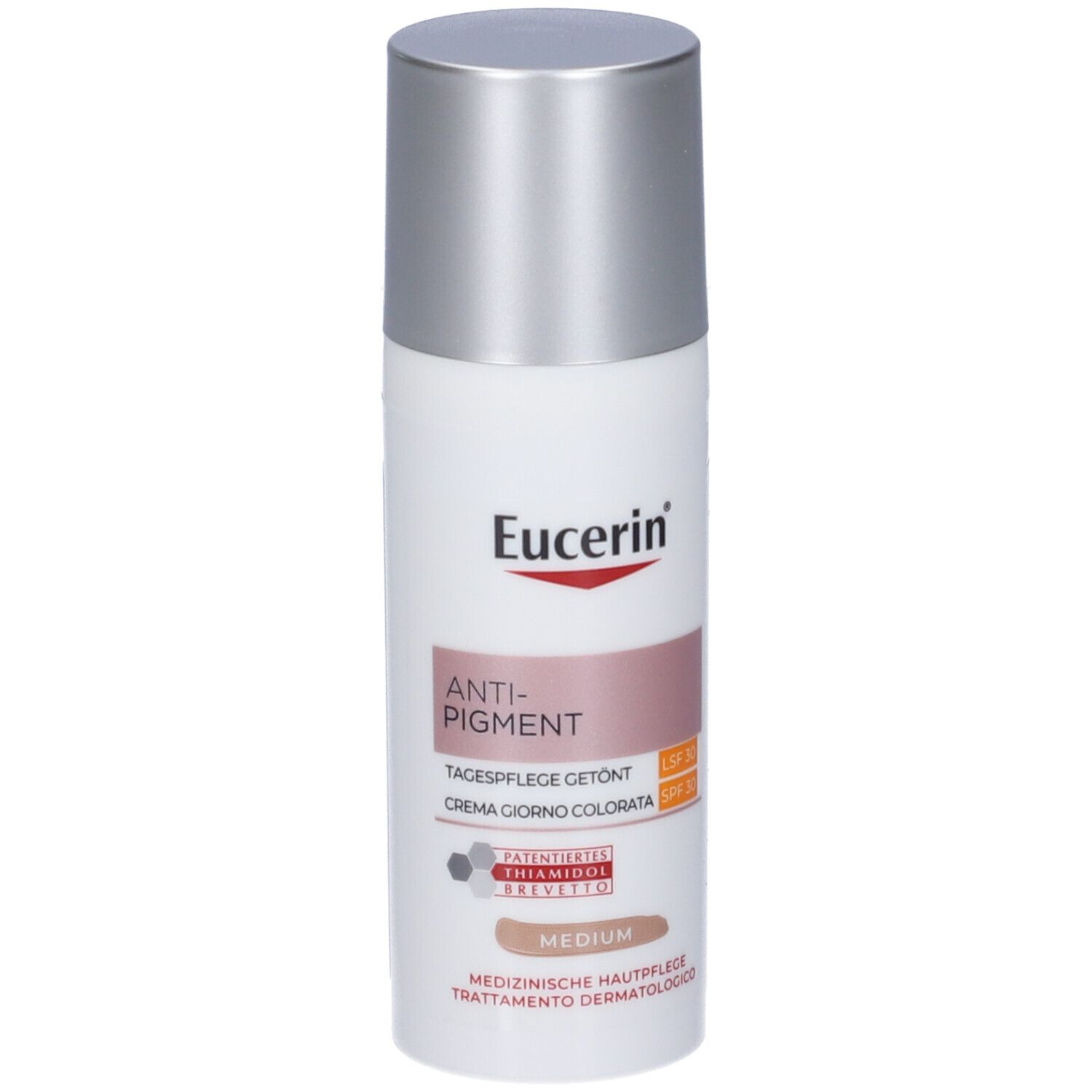 Eucerin Anti-Pigment Crema Giorno Colorata, Medium. Flacone bianco con tappo argentato. Etichetta con testo e logo.
