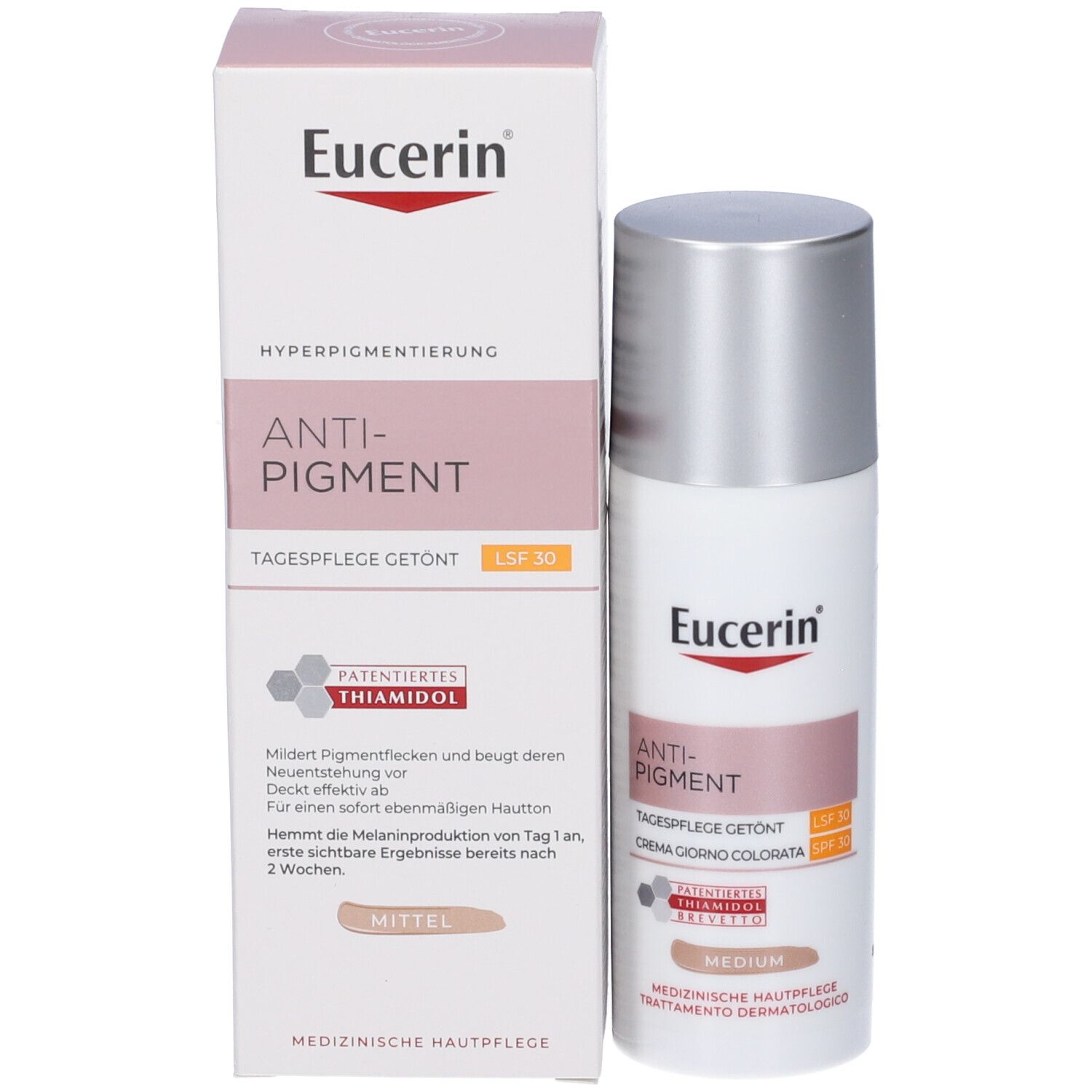 Eucerin Anti-Pigment Crema Giorno Colorata e confezione. Prodotto e scatola affiancati. Testo sulla confezione.