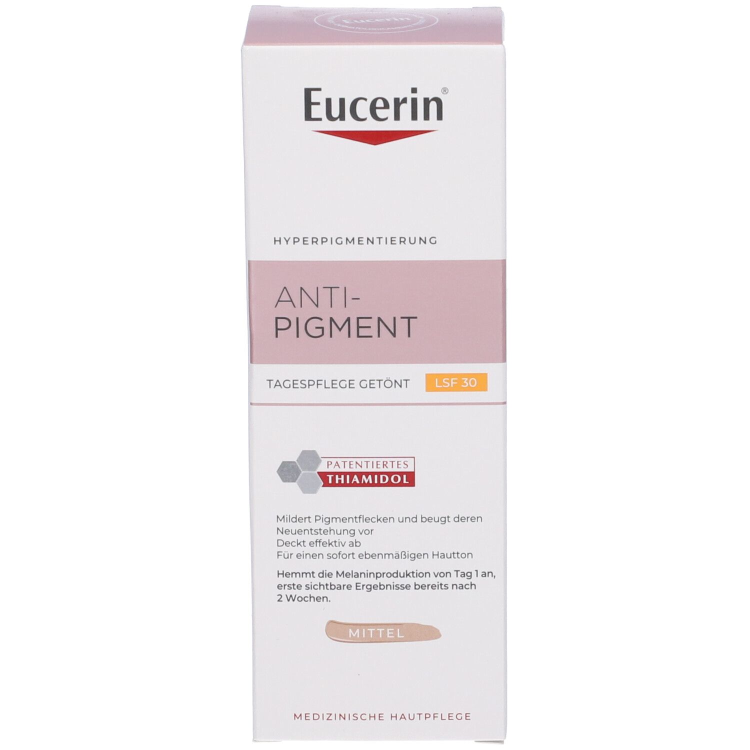 Eucerin Anti-Pigment Crema Giorno Colorata e confezione. Scatola con testo. Prodotto non visibile.