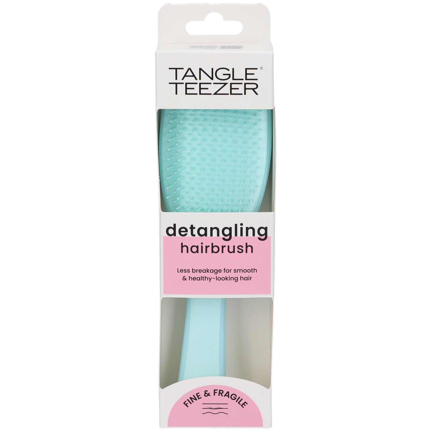 Spazzola districante turchese in confezione bianca. Marchio Tangle Teezer. Scritta: Fine & Fragile.