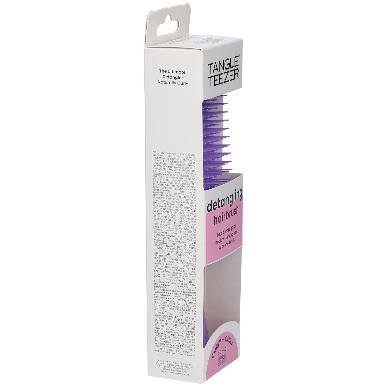 Confezione della spazzola districante. Marchio Tangle Teezer. Testo laterale. Per capelli ricci. Con gancio.