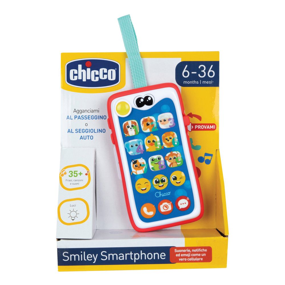 Smartphone giocattolo con faccine e icone animali. Cornice rossa, superficie blu, dettagli gialli. Confezione con logo.