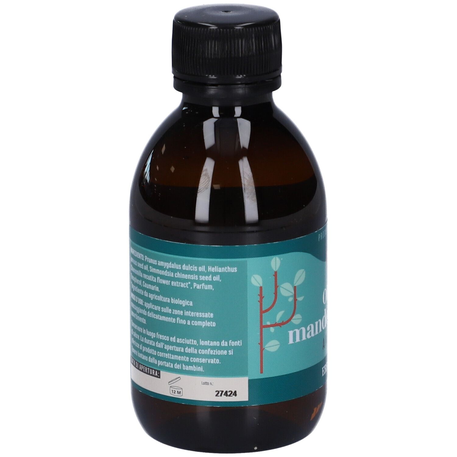 Flacone di vetro marrone con tappo nero. Retro con ingredienti e istruzioni per l'uso. Testo in italiano.