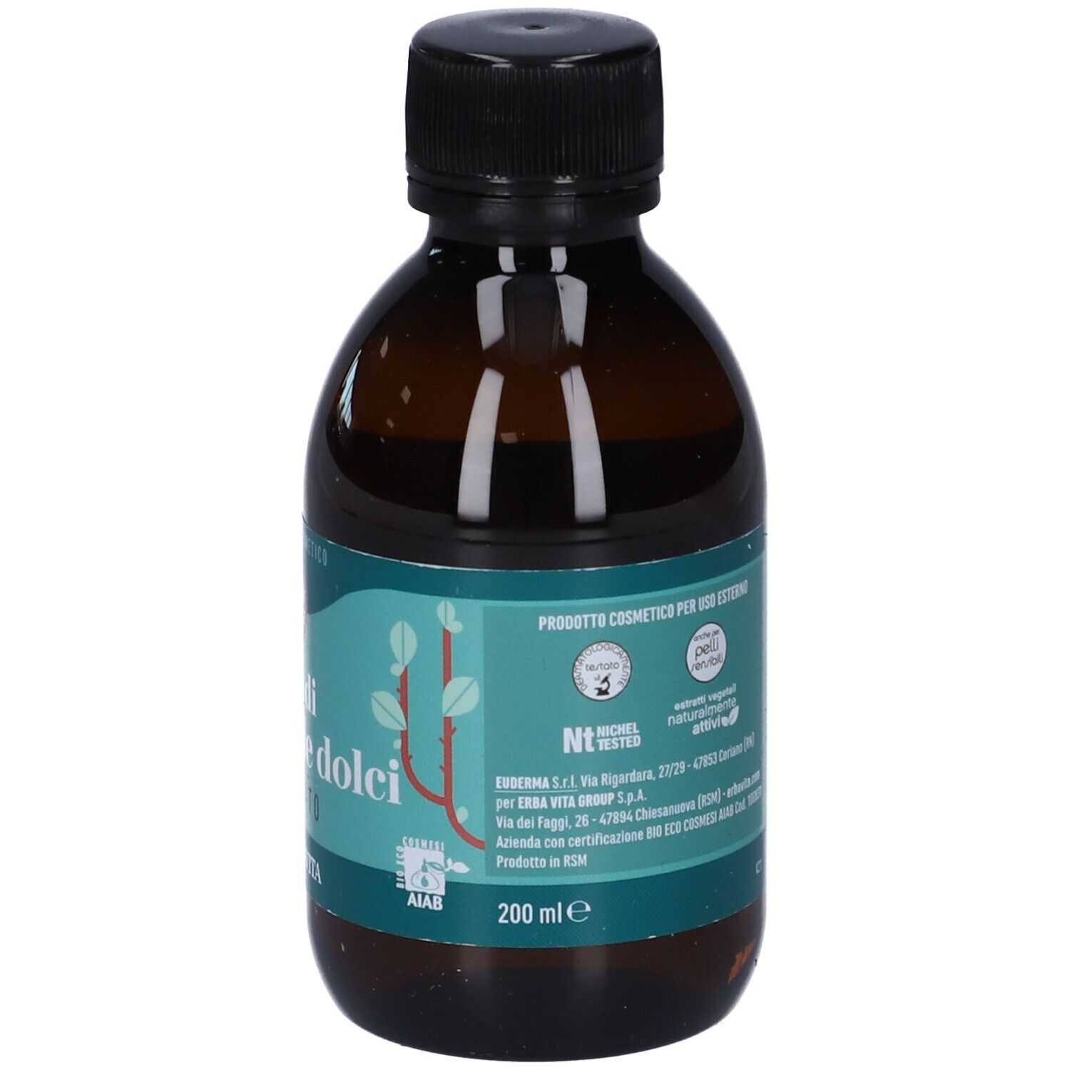 Flacone di vetro marrone con tappo nero. Etichetta con nome del prodotto e indicazione del volume: 200 ml.