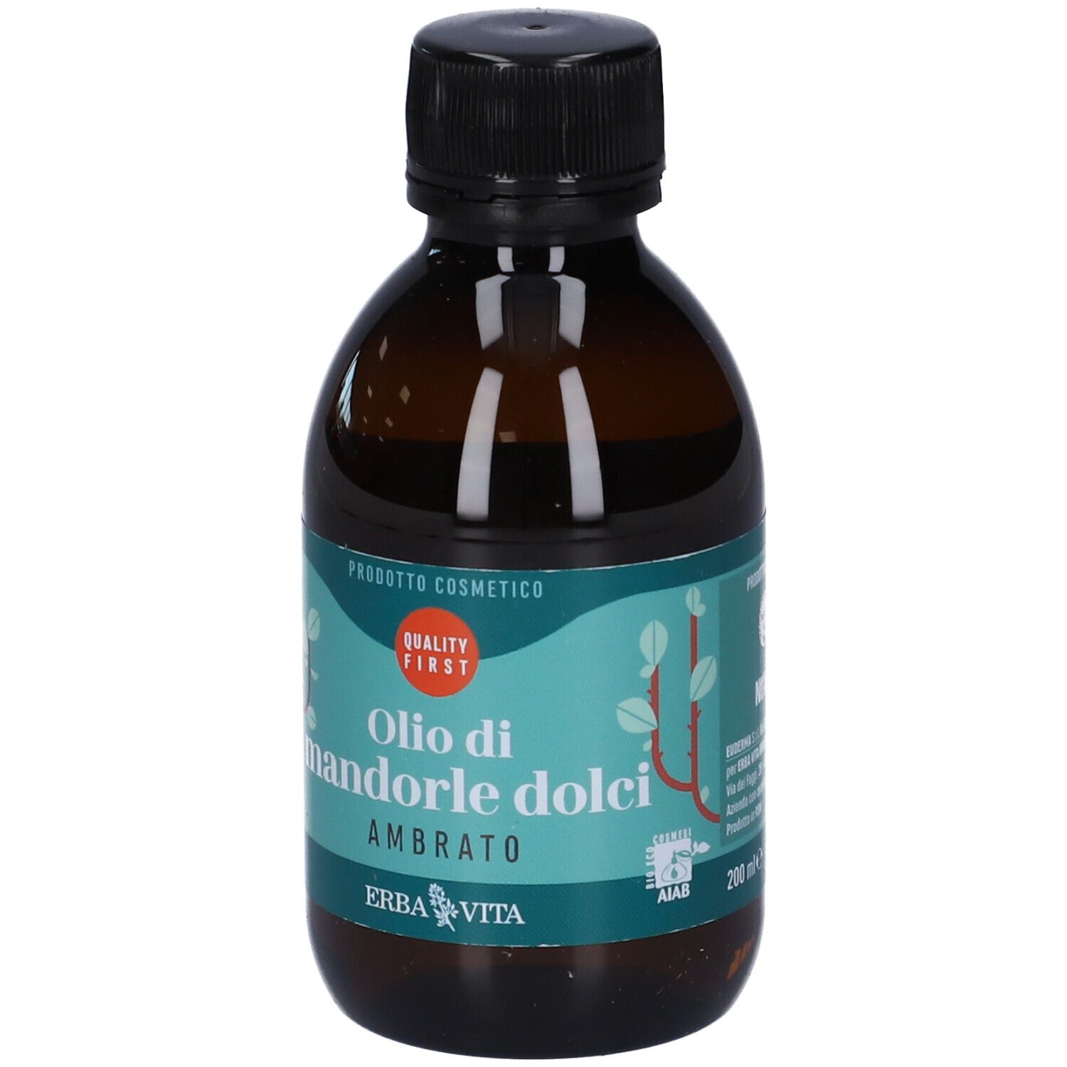 Flacone di vetro marrone con tappo nero. Etichetta con nome del prodotto e logo. Sigillo di qualità.