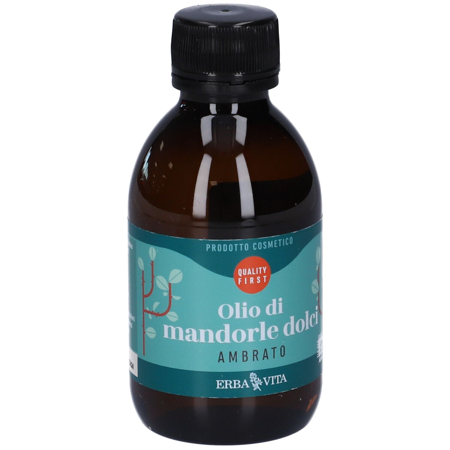 Flacone di vetro marrone con tappo nero. Etichetta con nome del prodotto e logo. Sigillo di qualità.