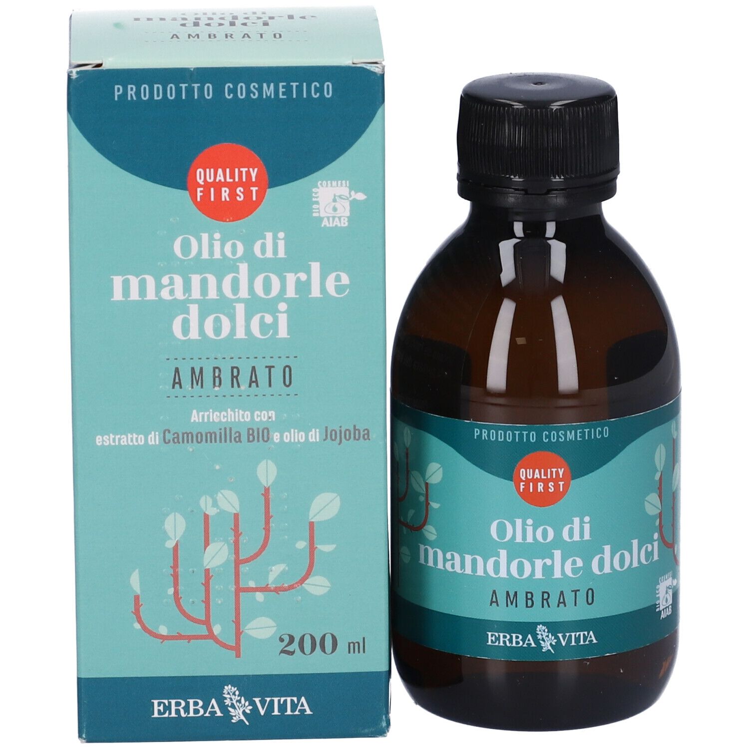 Confezione del prodotto con flacone. Scatola con nome del prodotto e logo. Flacone con tappo nero.