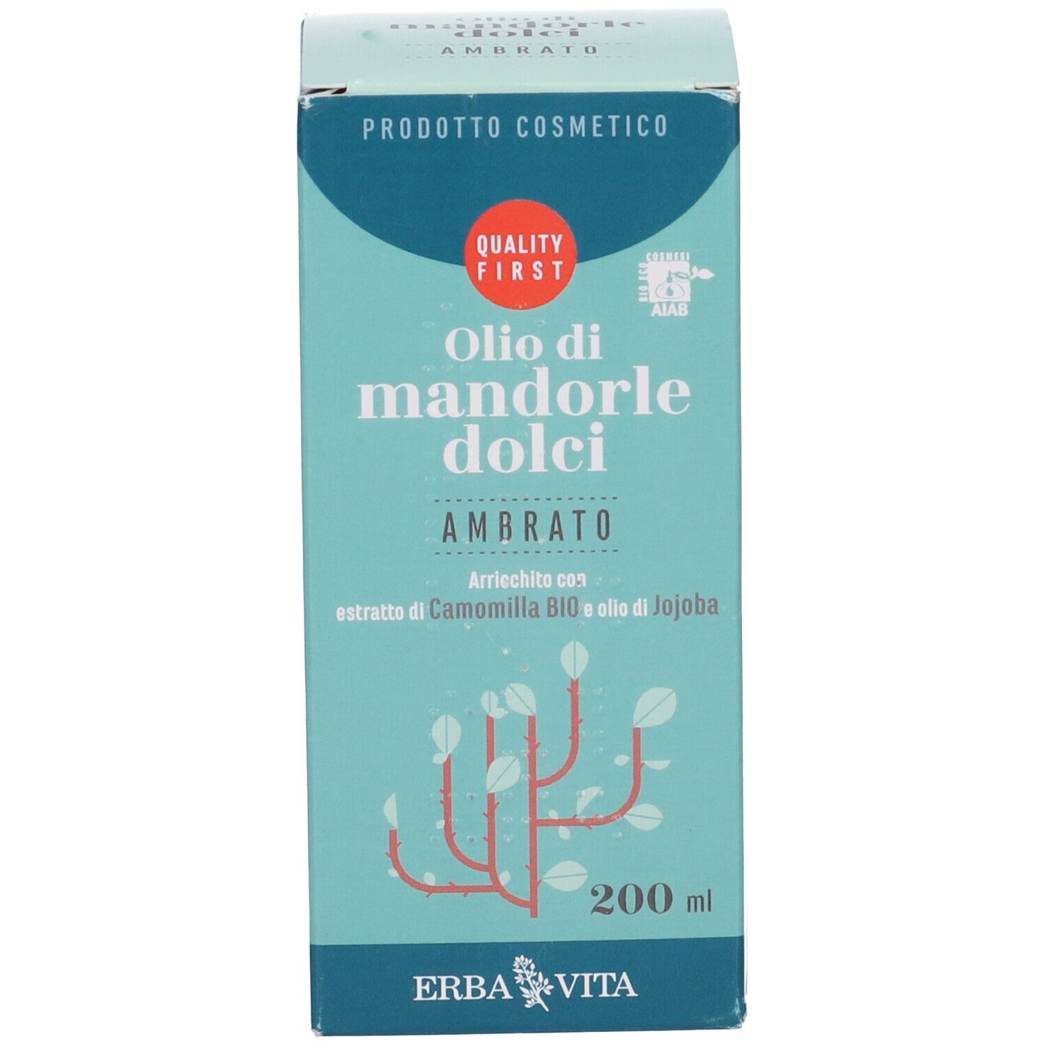 Confezione del prodotto. Scatola con nome del prodotto e logo. Indicazione del volume: 200 ml. Sigillo di qualità.