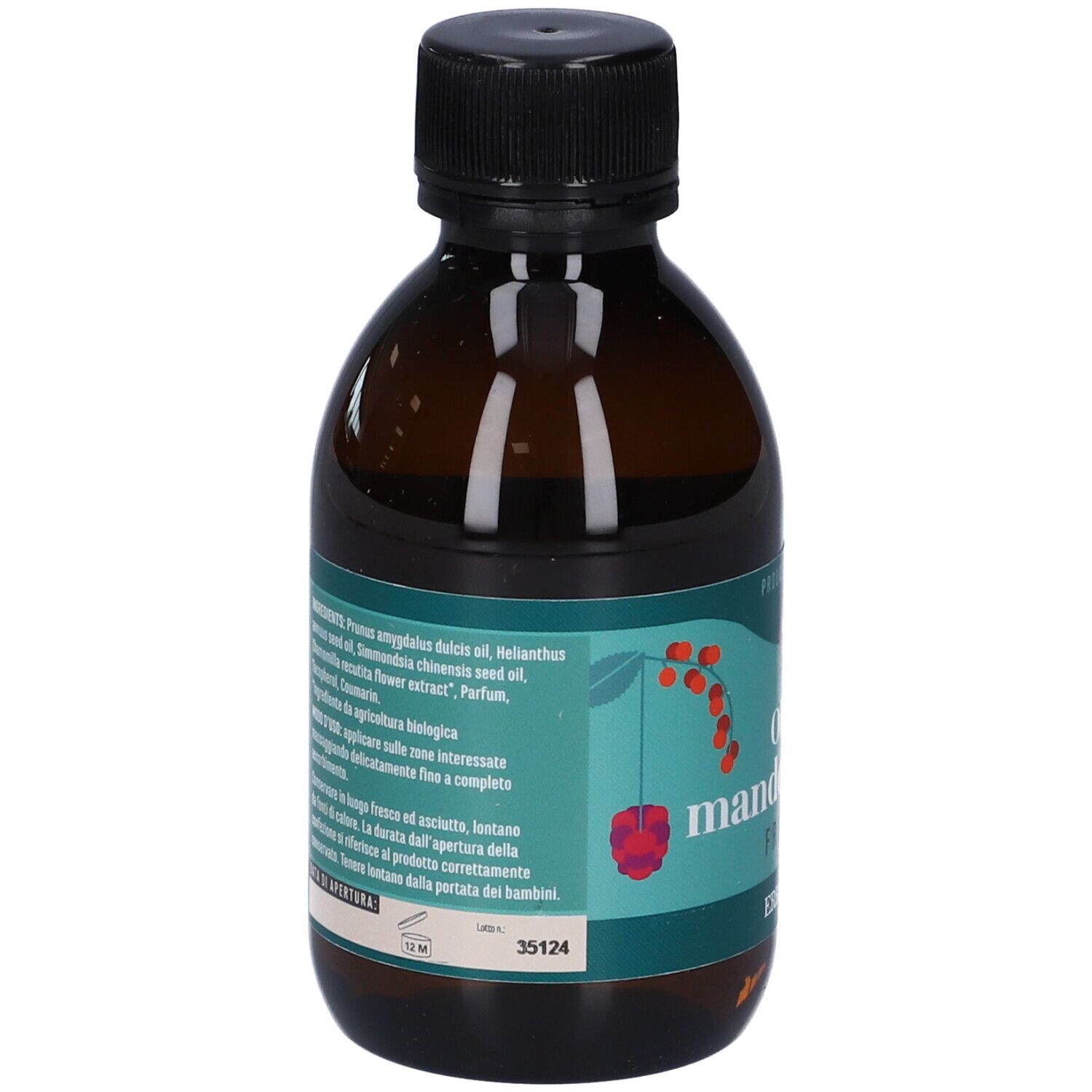 Vista posteriore del flacone marrone con tappo nero. Etichetta con ingredienti e istruzioni.