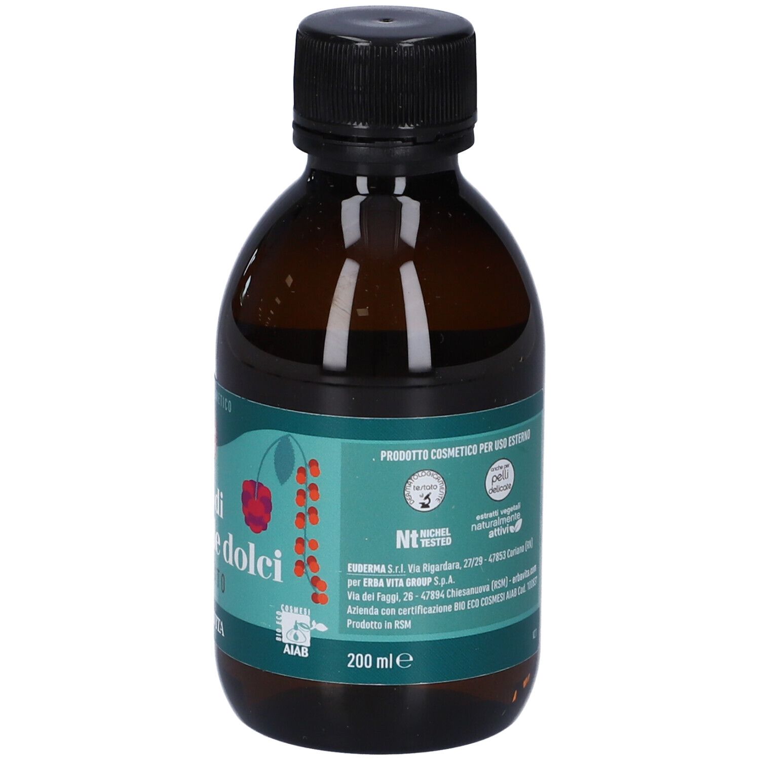 Flacone marrone con tappo nero. Etichetta con nome del prodotto, logo e indicazione del volume: 200 ml.