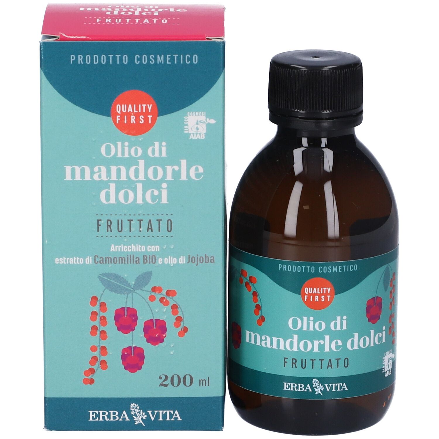 Flacone e confezione del prodotto. Flacone marrone con tappo nero. Scatola con nome del prodotto e logo.