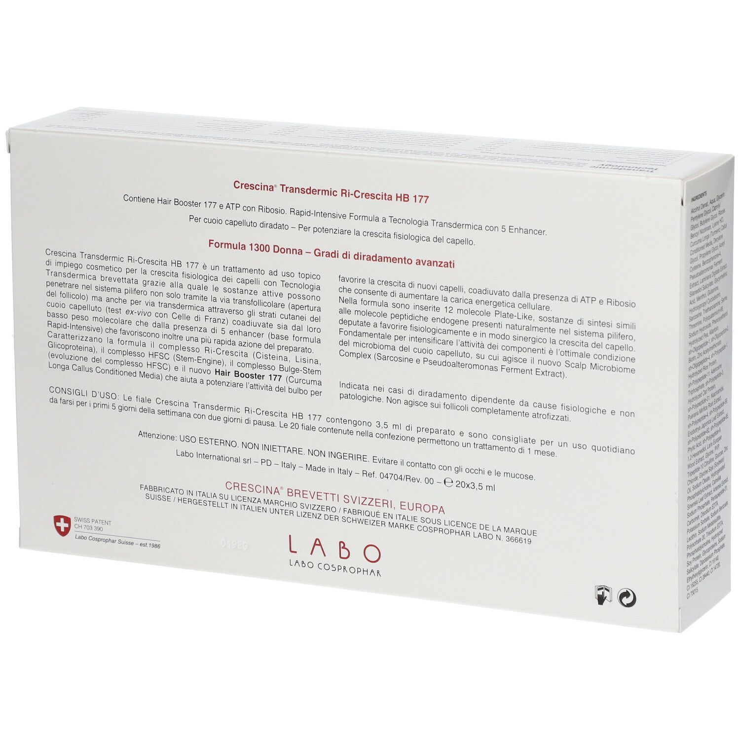 Retro della confezione. Testo su CRESCINA Transdermic Ri-Crescita HB 177 1300 Donna.