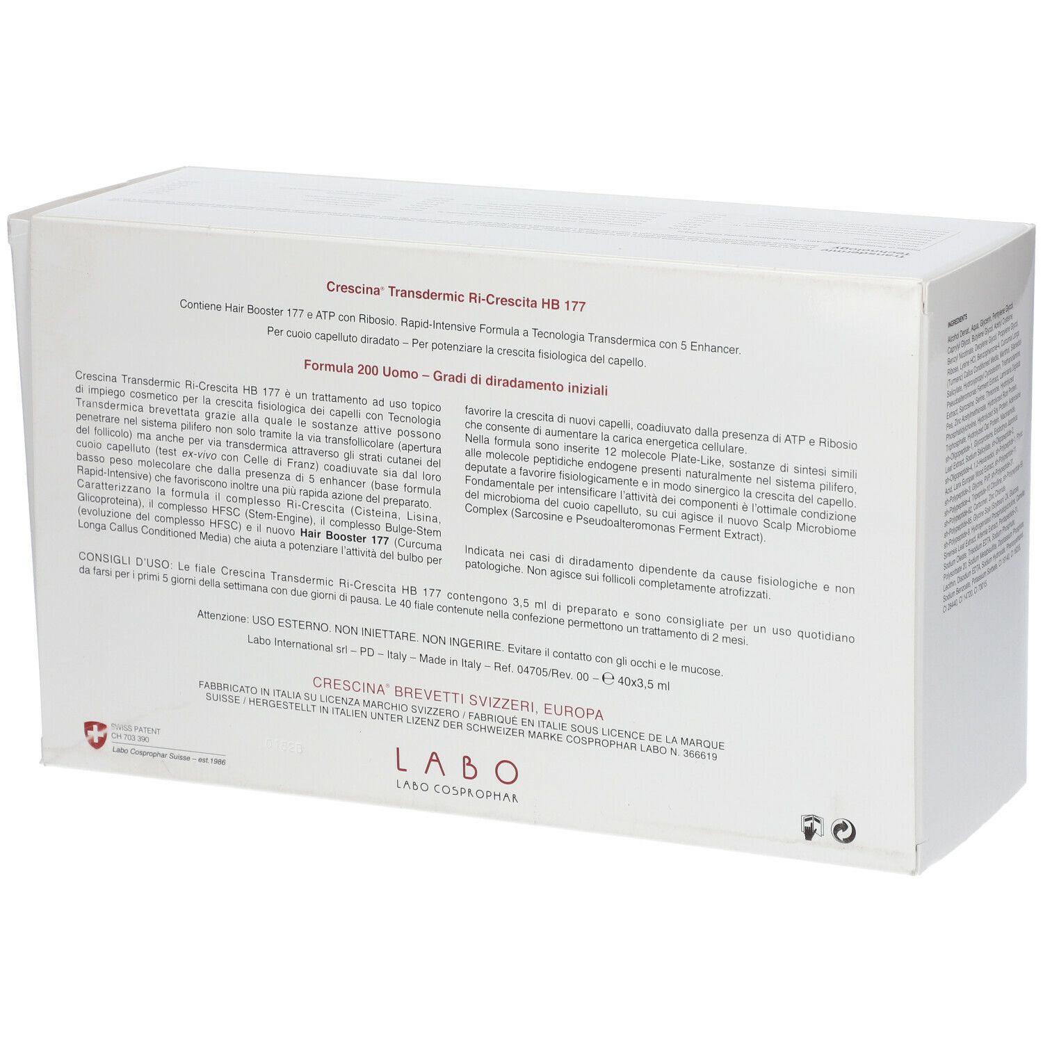 Retro della confezione con testo. Logo della croce svizzera.