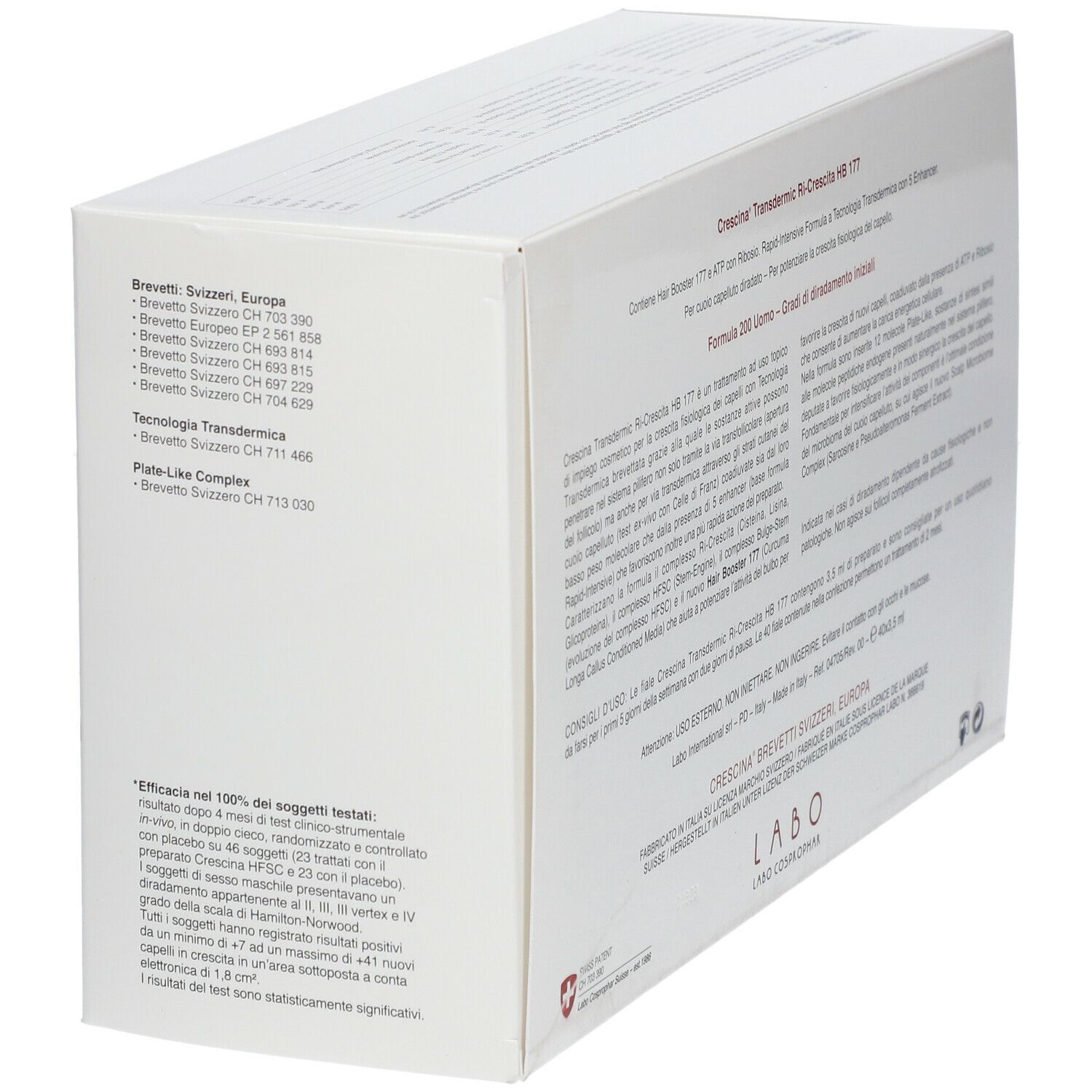 Vista laterale della confezione con testo. Logo della croce svizzera.