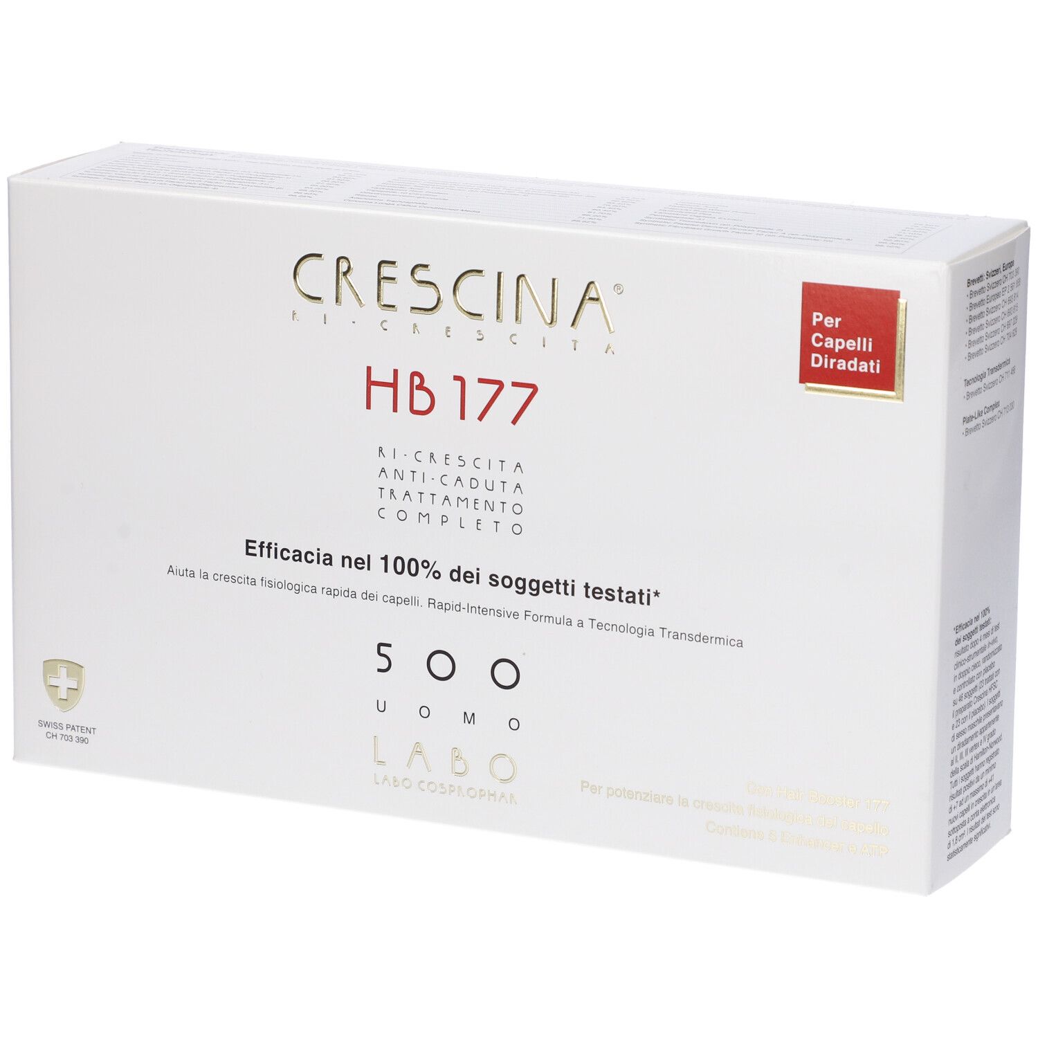 Confezione Crescina HB 177. Scatola bianca con nome e logo del prodotto. Testo in italiano.