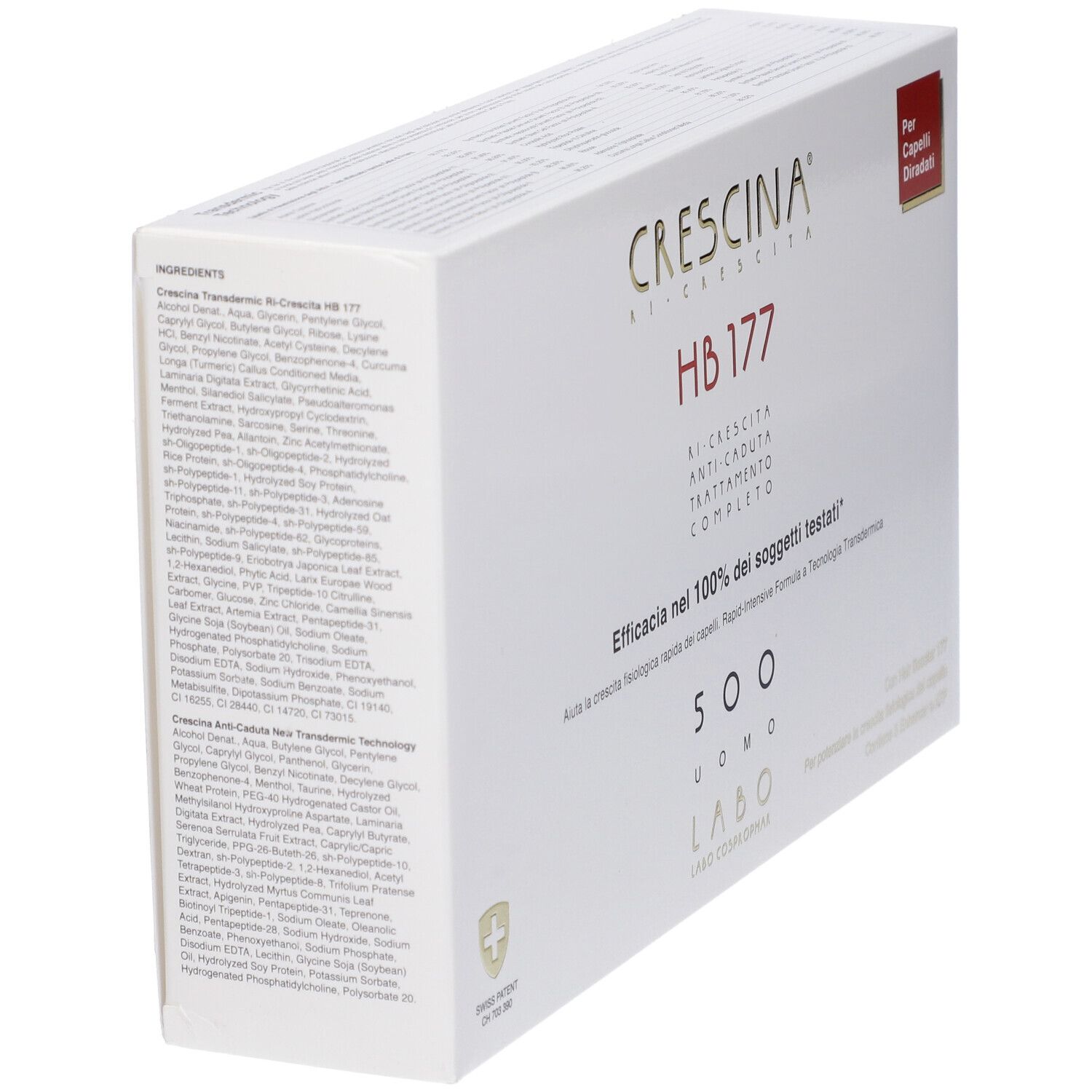 Confezione Crescina HB 177. Retro con ingredienti e testo in italiano.