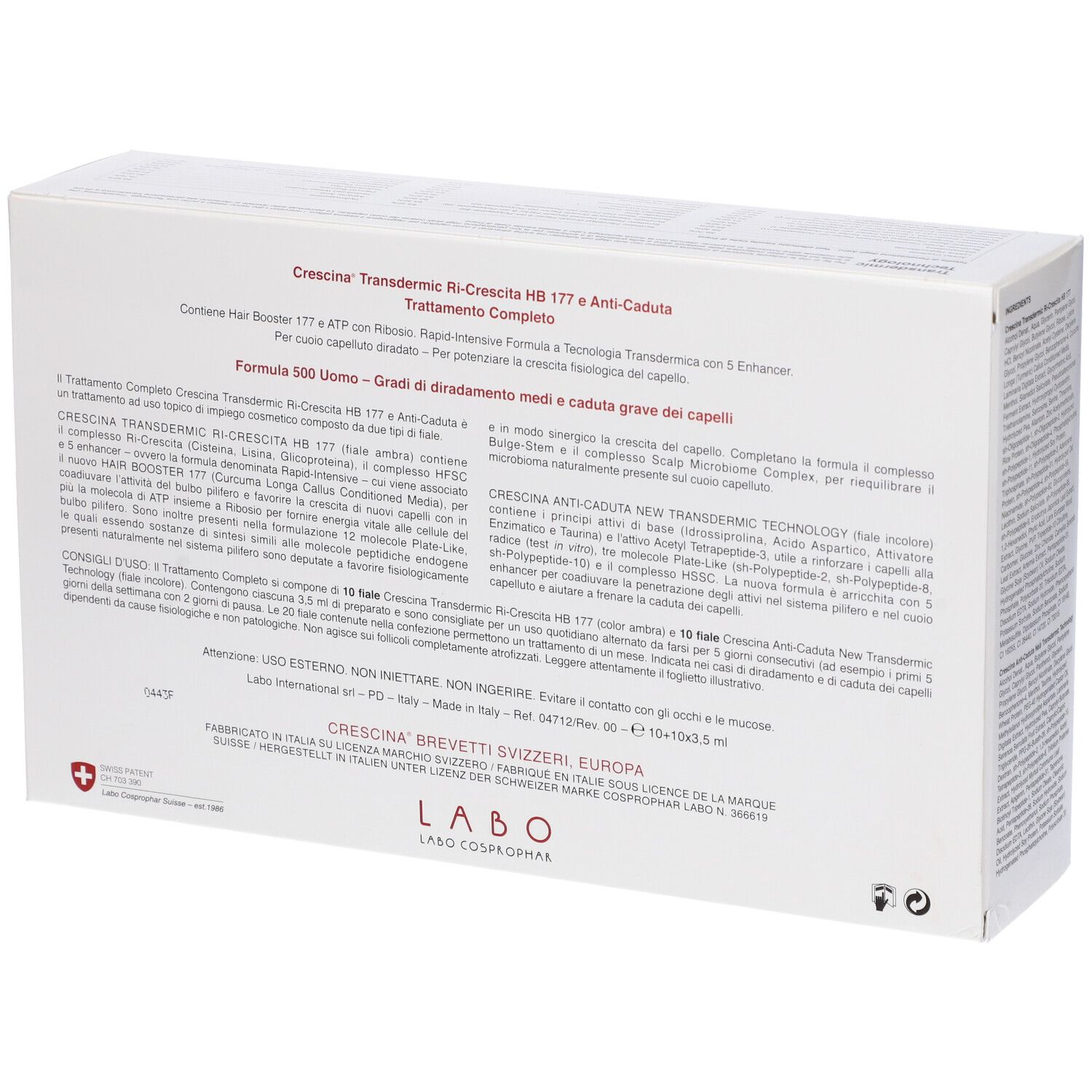 Confezione Crescina HB 177. Retro con testo in italiano.