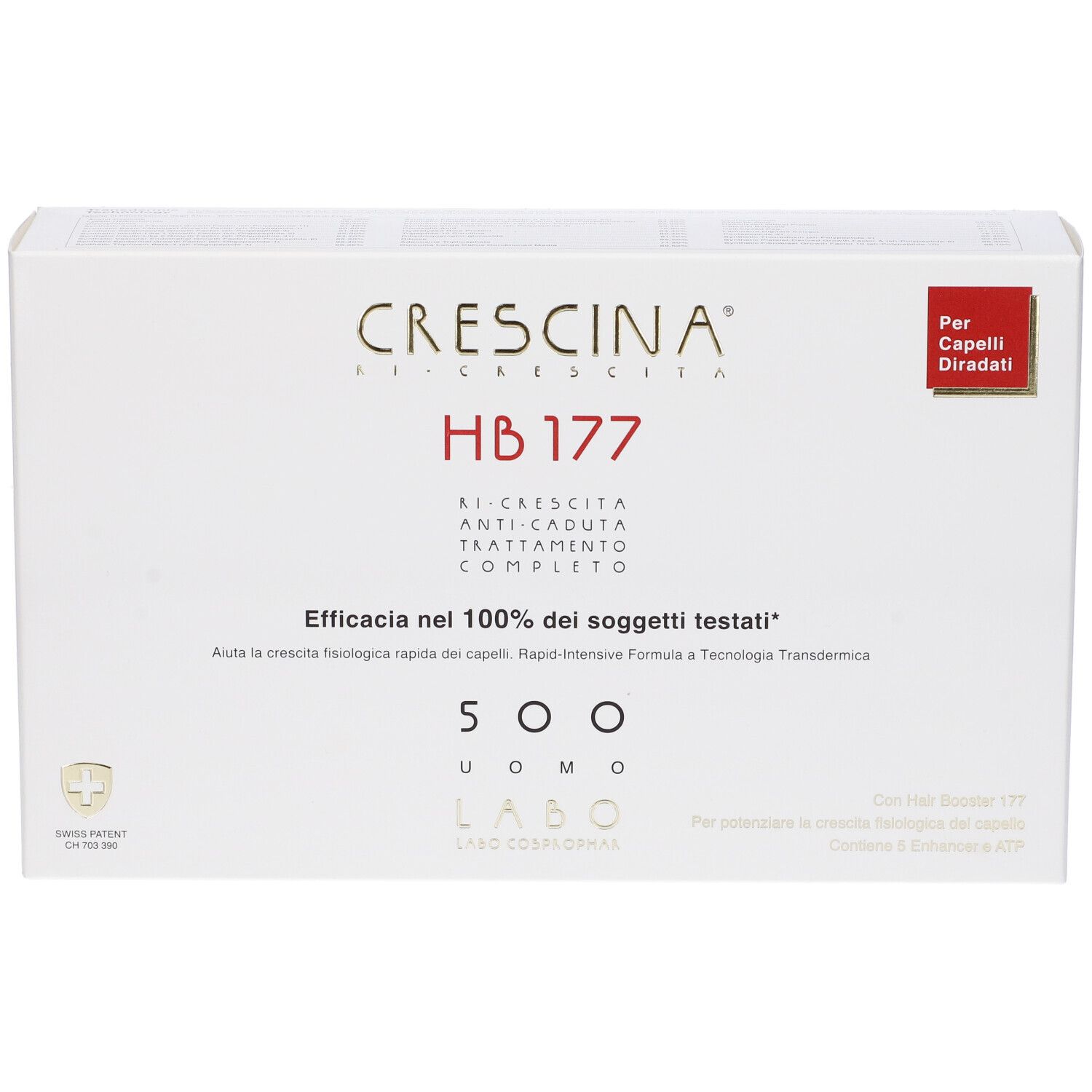 Confezione Crescina HB 177. Scatola bianca con nome e logo del prodotto. Testo in italiano.