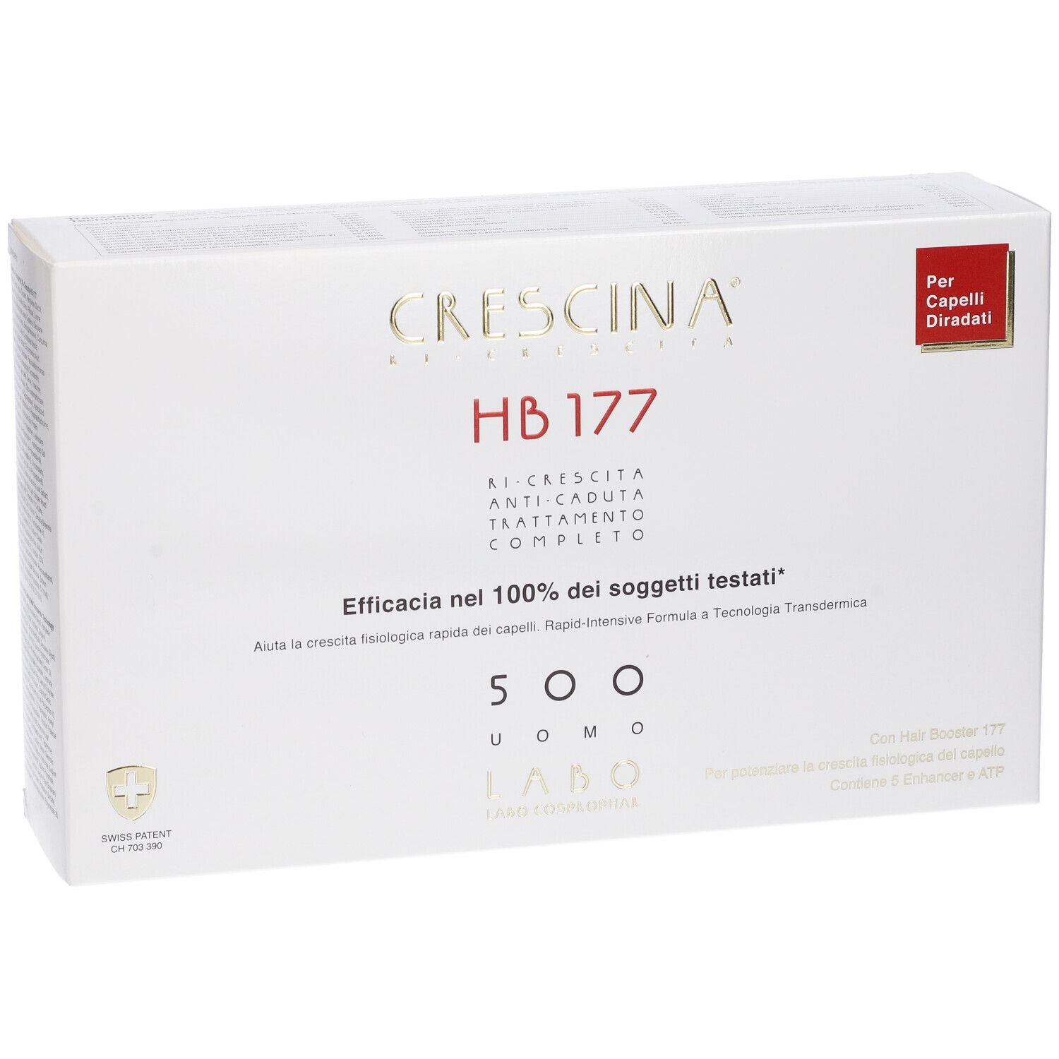 Confezione Crescina HB 177. Scatola bianca con nome e logo del prodotto. Testo in italiano.