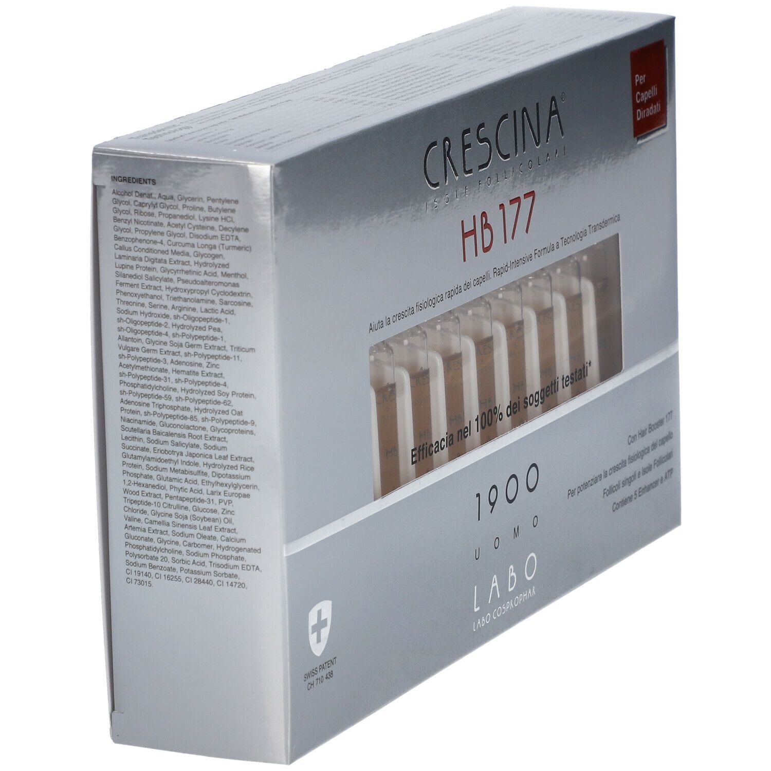 Scatola argentata con fiale. Scritta: CRESCINA HB 177 1900 Uomo. Croce svizzera. Per capelli diradati.