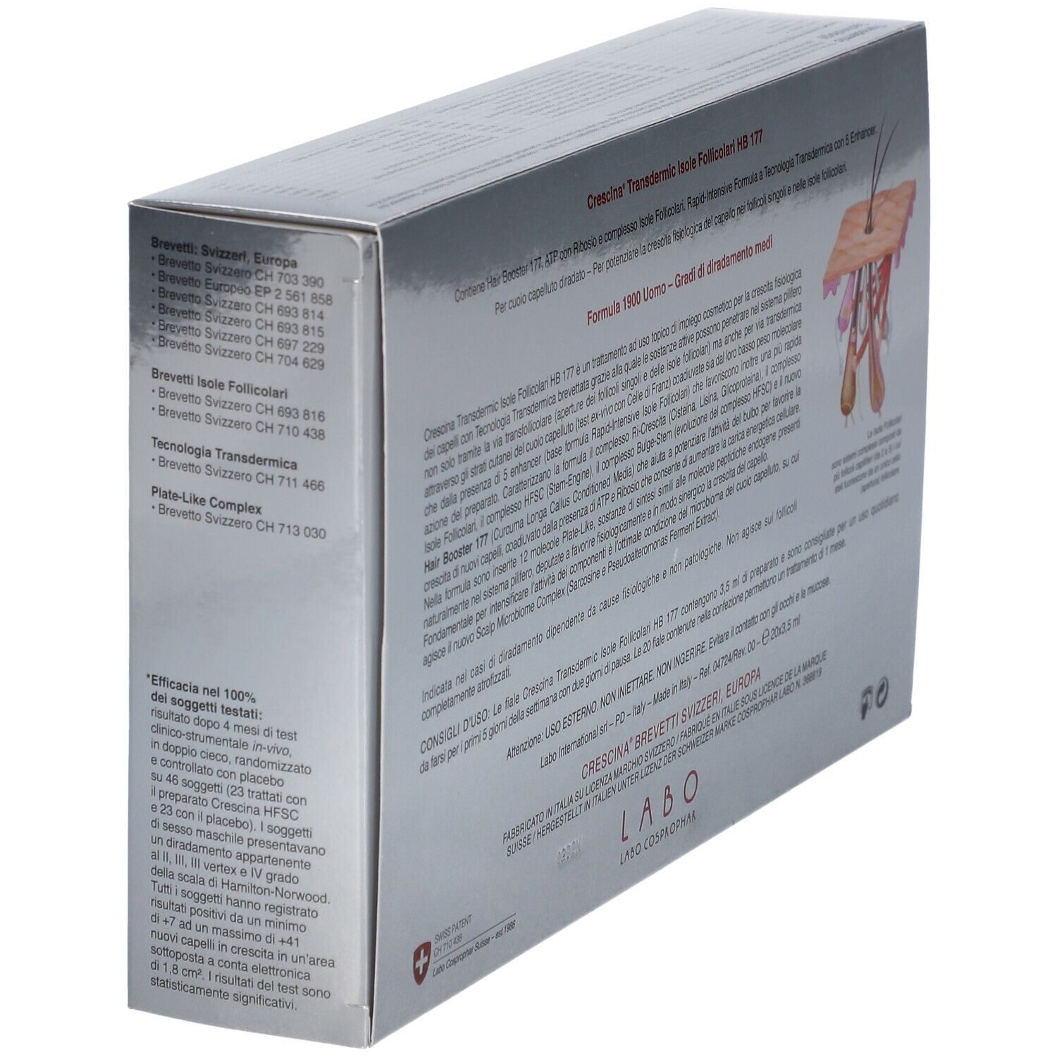 Scatola argentata con testo. Scritta: CRESCINA HB 177 1900 Uomo. Croce svizzera. Per capelli diradati.