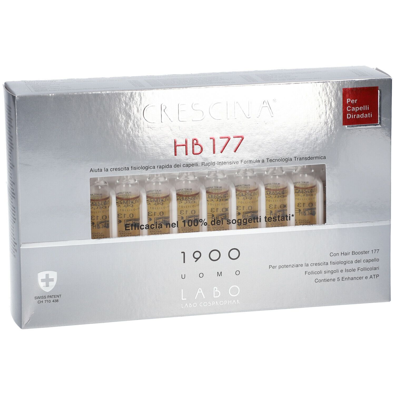 Scatola con fiale. Scritta: CRESCINA HB 177 1900 Uomo. Croce svizzera. Per capelli diradati.
