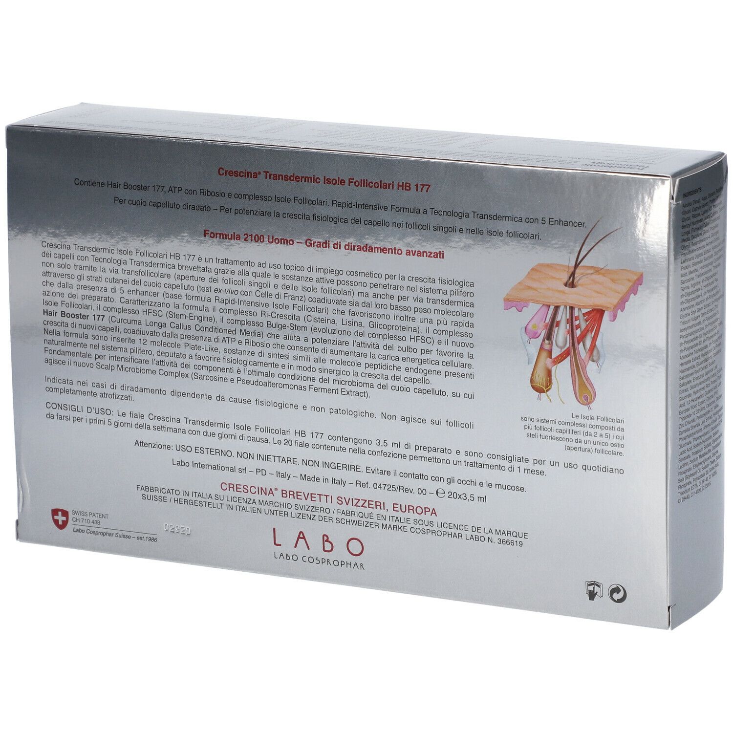 Retro della scatola con informazioni sul prodotto e illustrazione. Testo in italiano. Croce svizzera.