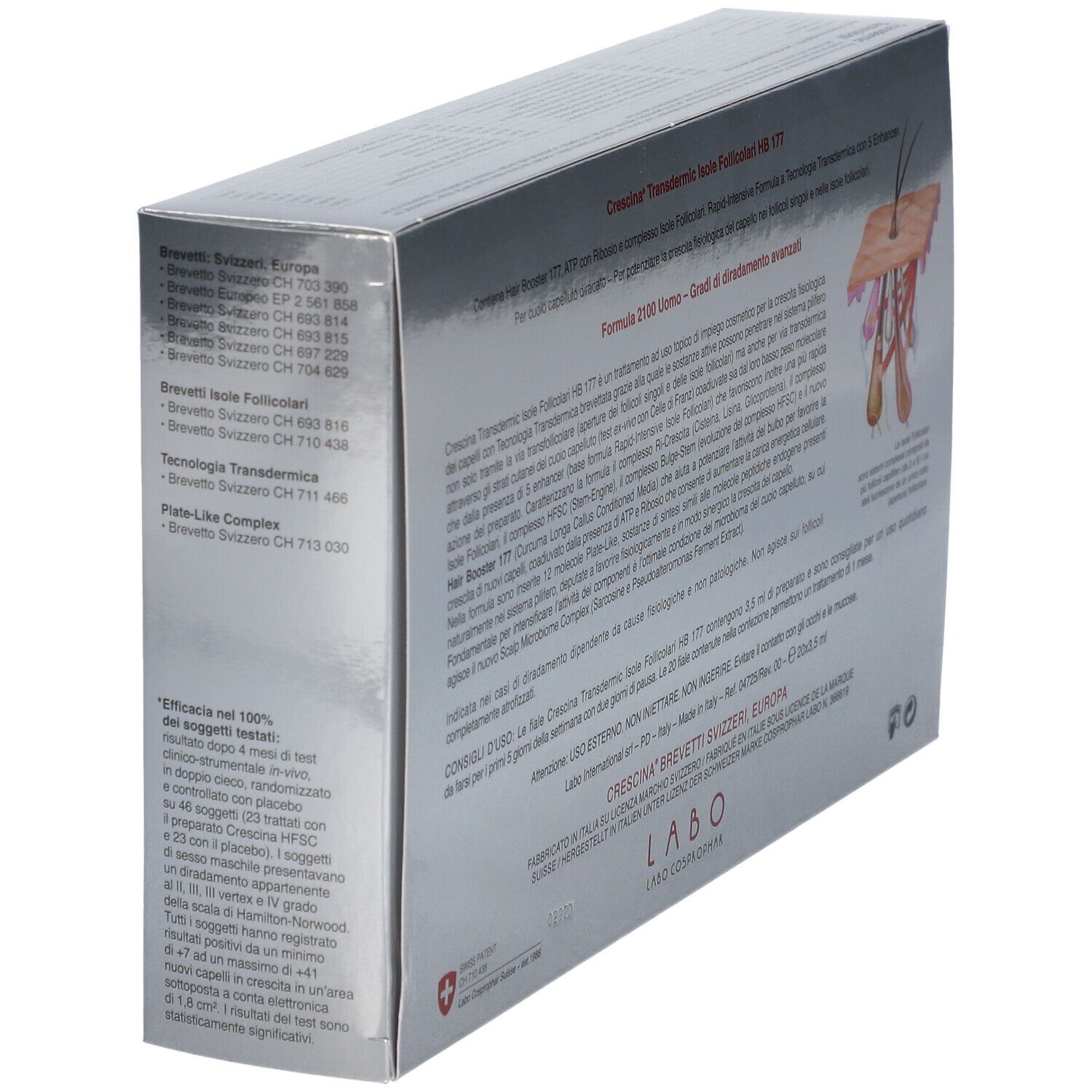 Angolo della scatola con informazioni sul prodotto. Testo in italiano. Croce svizzera e logo.