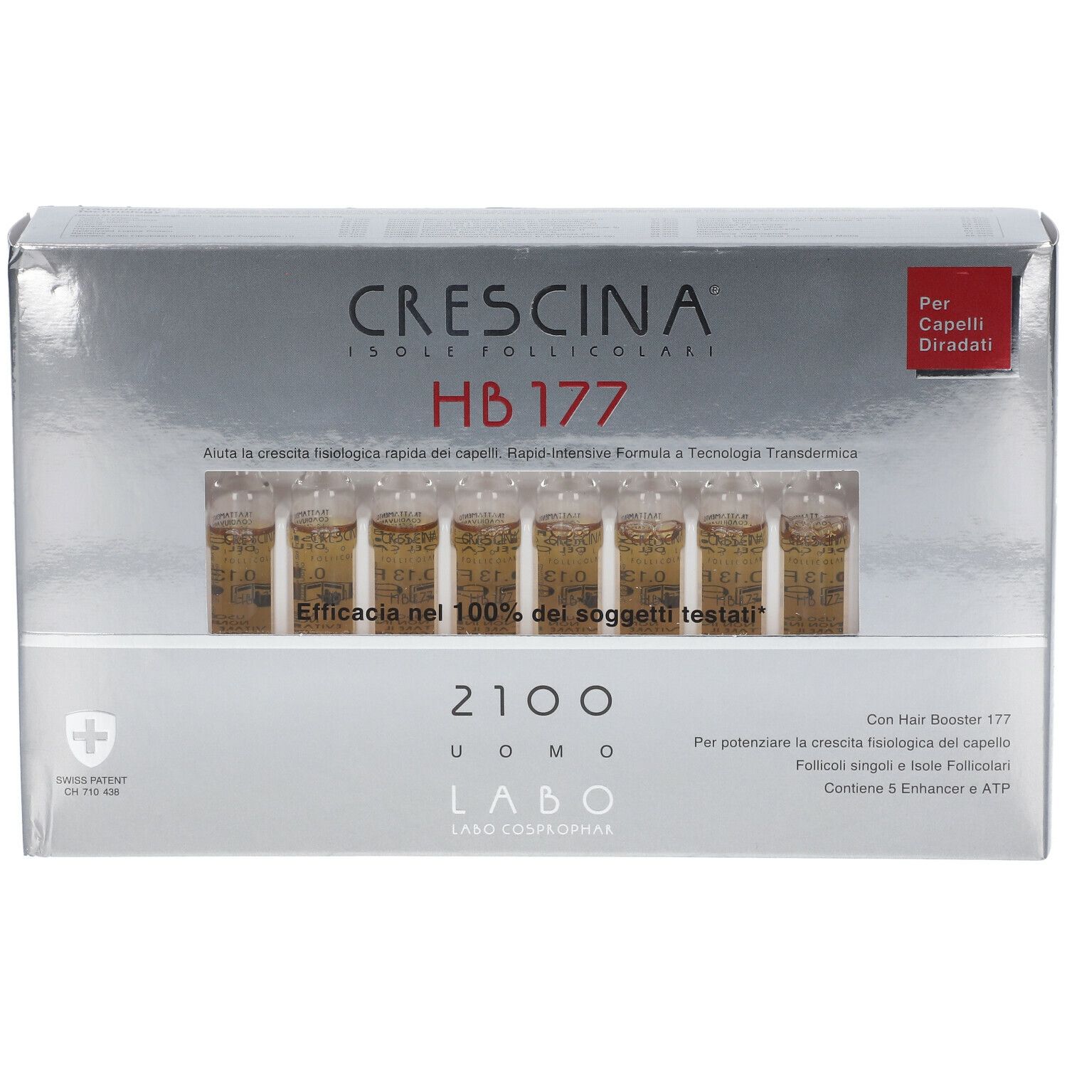 Scatola argentata con nome prodotto e fiale. Testo in italiano. Croce svizzera.