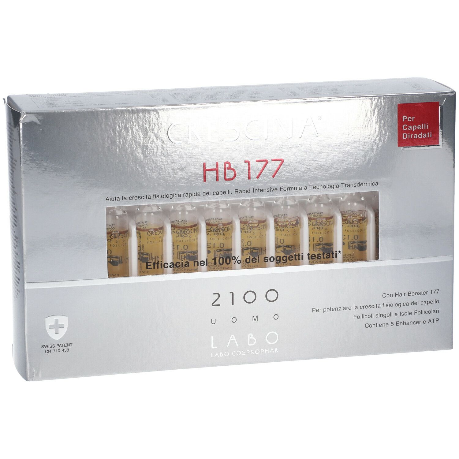 Scatola argentata con nome prodotto e fiale. Testo in italiano. Croce svizzera.