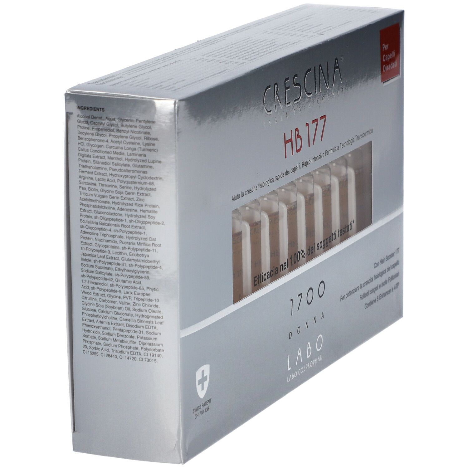 Scatola con fiale. Scritta: CRESCINA HB 177 1700 Donna. Croce svizzera. Elenco ingredienti.